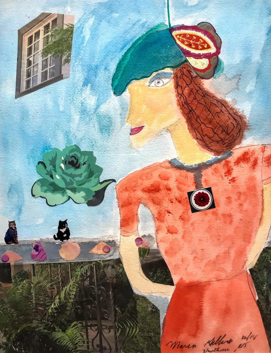 Woman on Balcony mixed media on paper 11x14 SOLD