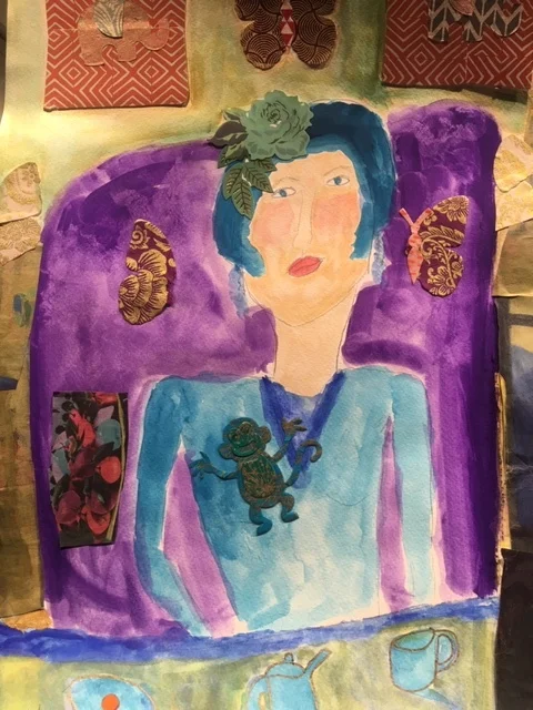   Woman in Monkey Dress  mixed media on paper 18 x 24 $700  