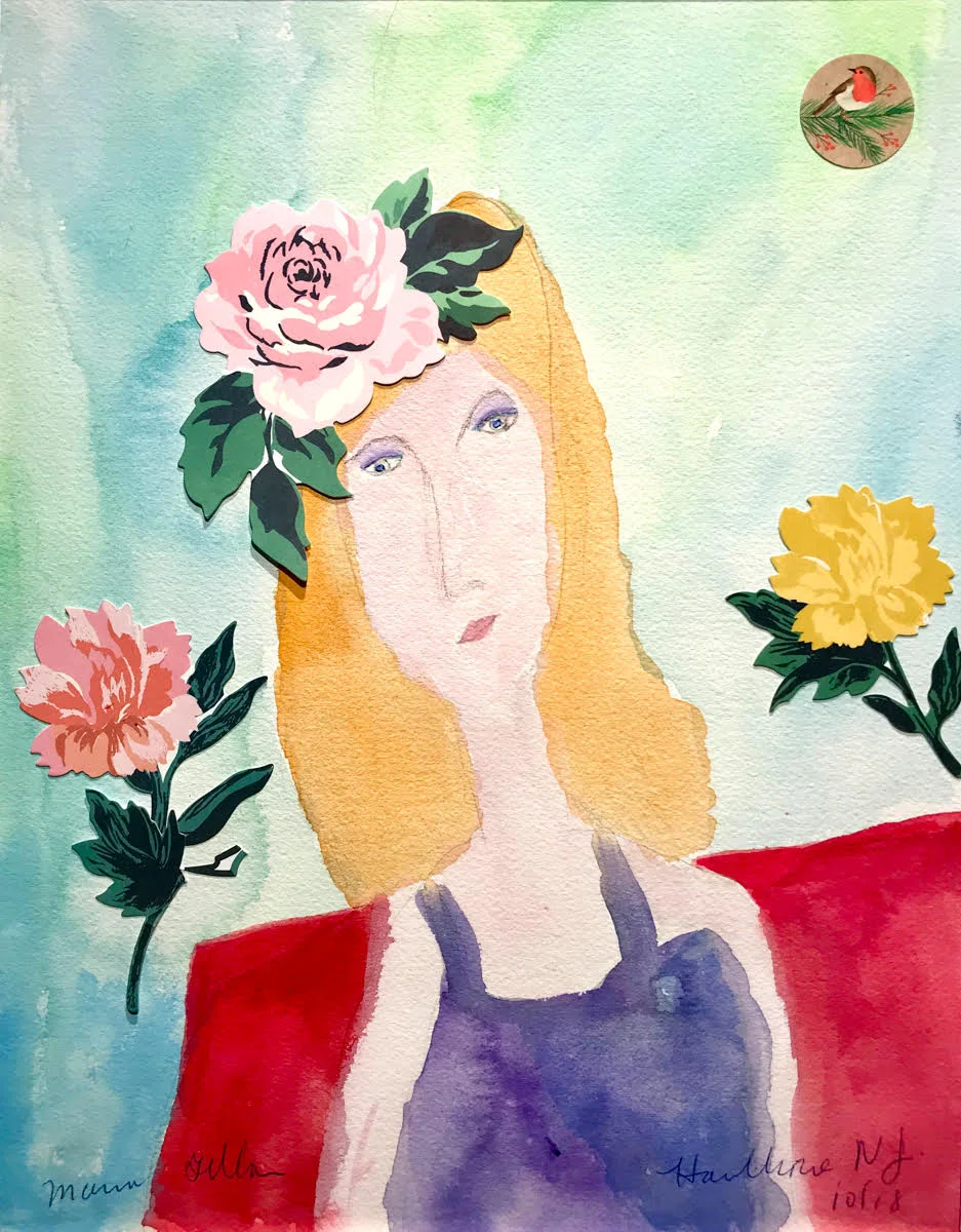 Woman with Floating Roses mixed media on paper 11 x 14 $400
