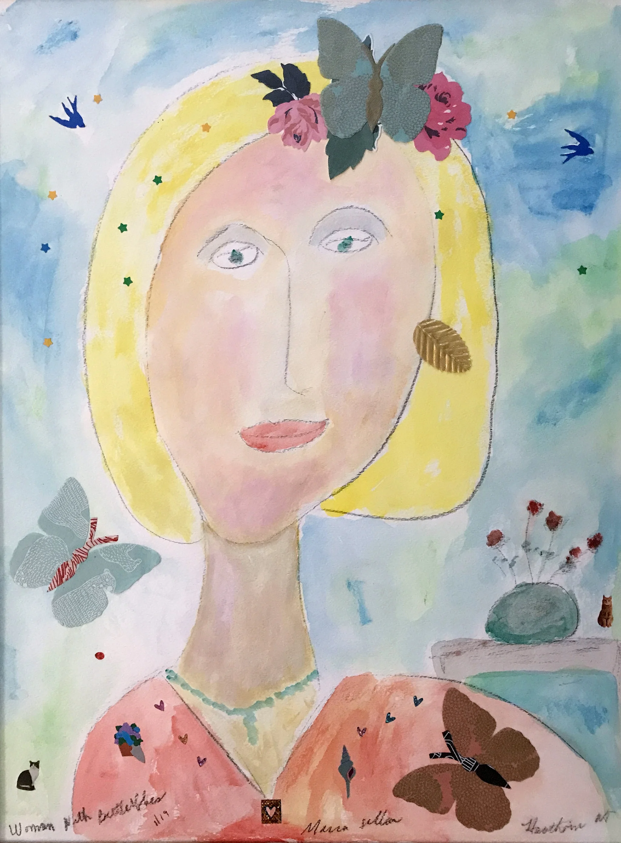 Woman with Green Butterflies mixed media on paper, 18x24 $700