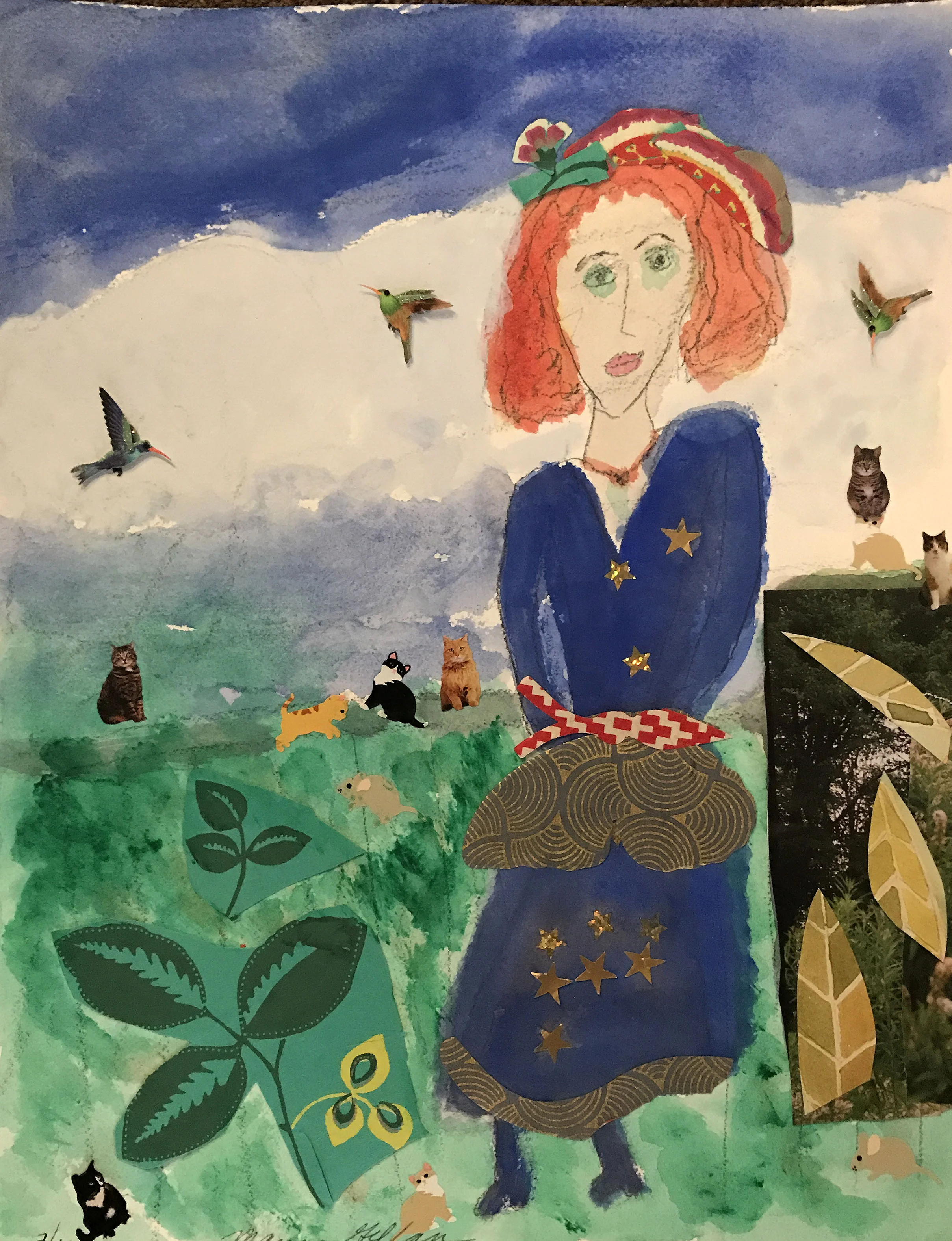 Woman in Apron with Cats and Birds mixed media on paper, 11x14 $450