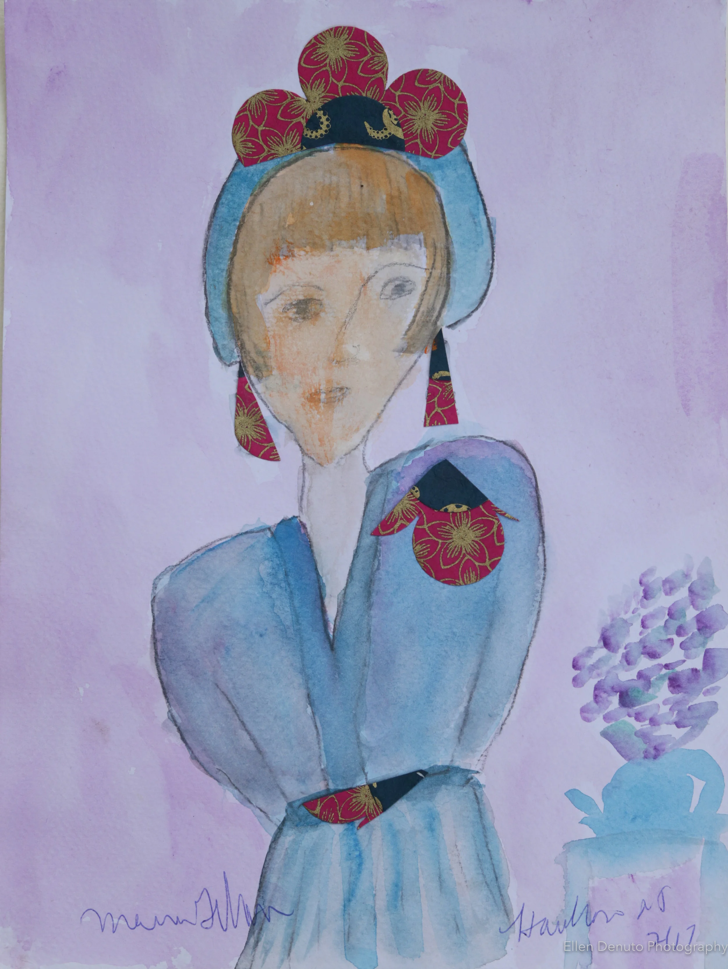 Self contained woman in blue and red hat 11 x 14 Mixed media $400