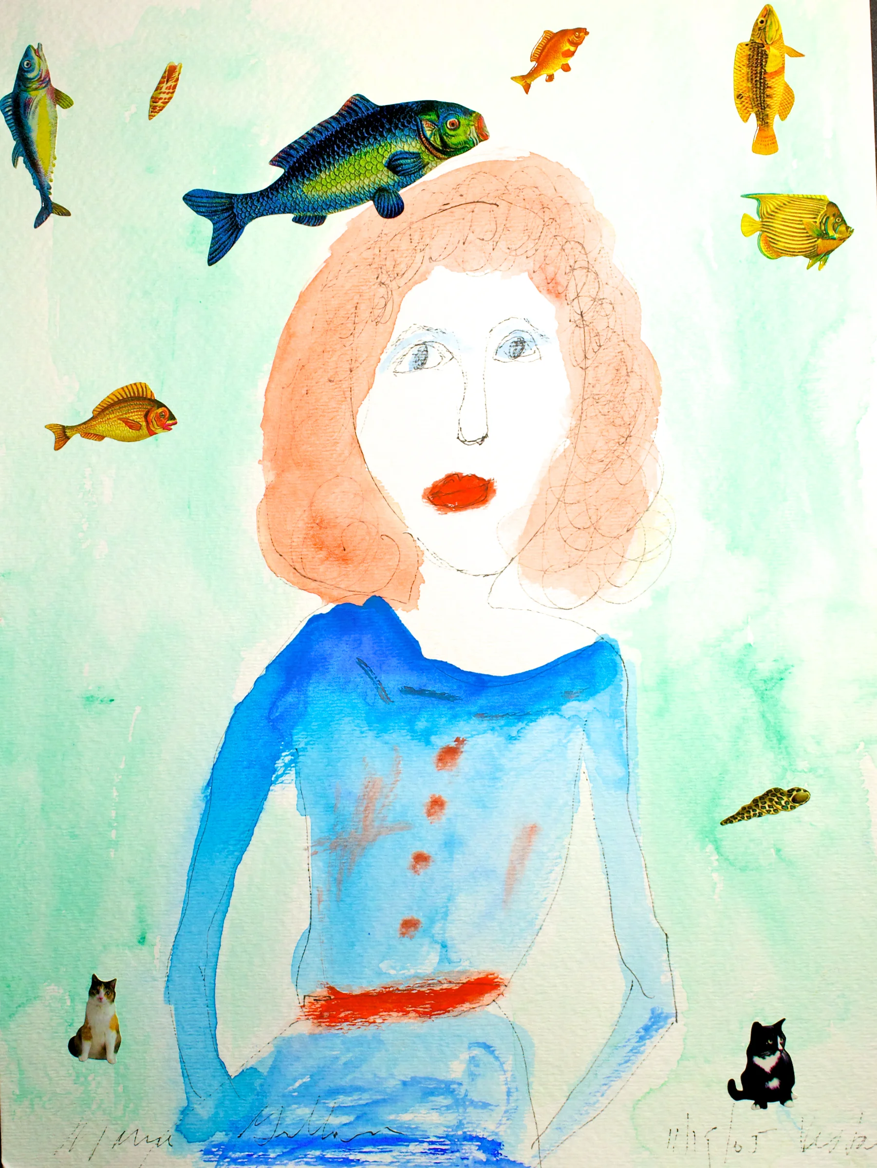 Redhead with Flying Fish and Cats 11x14 mixed media $300