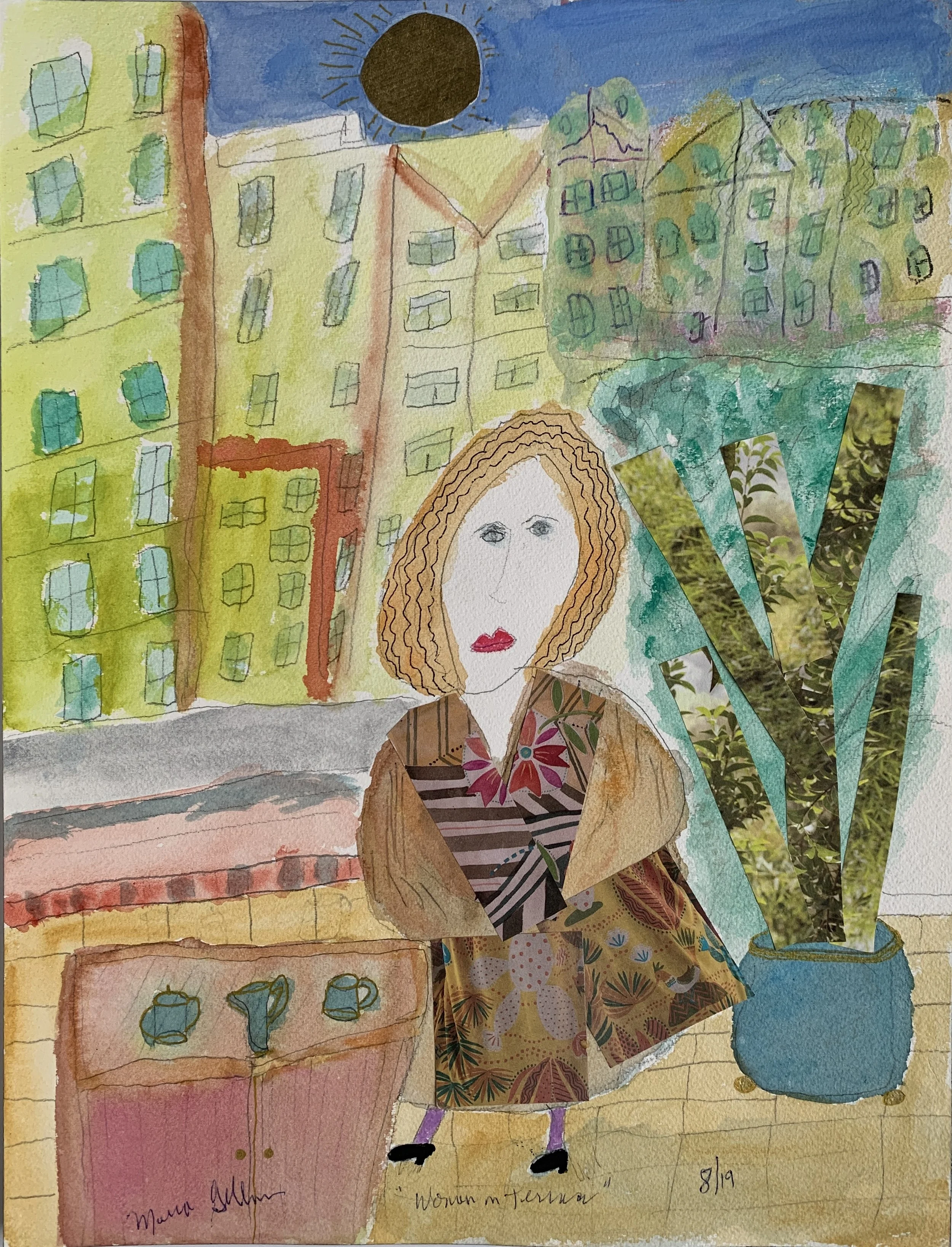   Woman on Terrace   #100  12X16   mixed media $450 