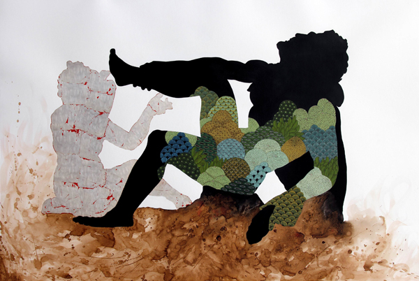Untitled, 2017, Pigment color, silver leaf and tea stain on archival Vasli paper, 58 2/5 x 39 2/5 inches, 148 x 100 cm