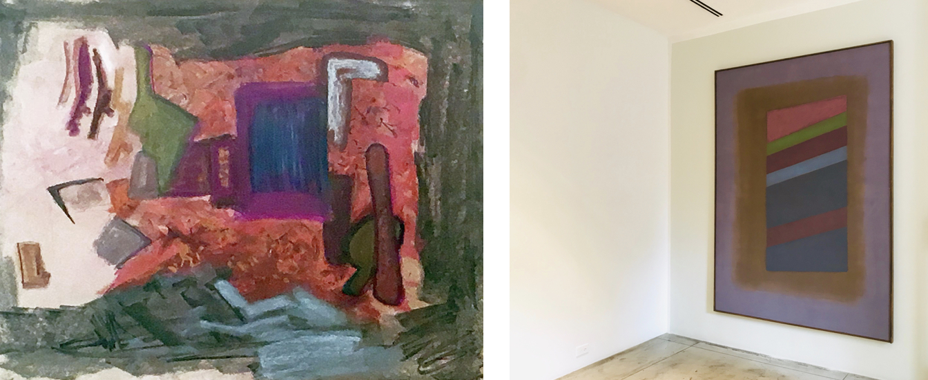 Left: Frederick Kiesler (1890-1965), A Conceptual Drawing for the Environment , 1962, Paint and pastel on paper, 22 14 x 28 inches Right: Installation view, Charles Pollock (1902-1988), NY15 , Acrylic on canvas, 85 x 61 inches.