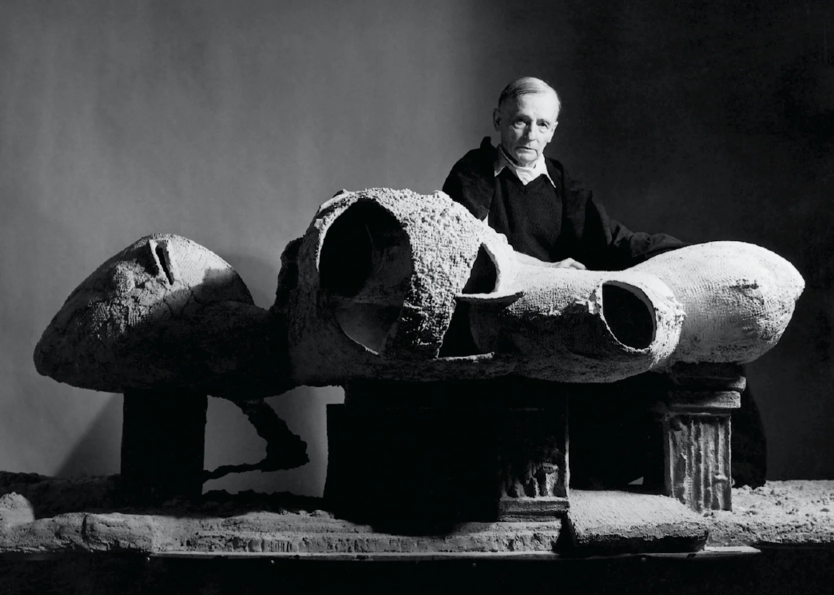 Frederick Kiesler and his Model for the Endless House, 1959, Cement and wire mesh with plexiglass. Collection of the Whitney Museum of American Art.