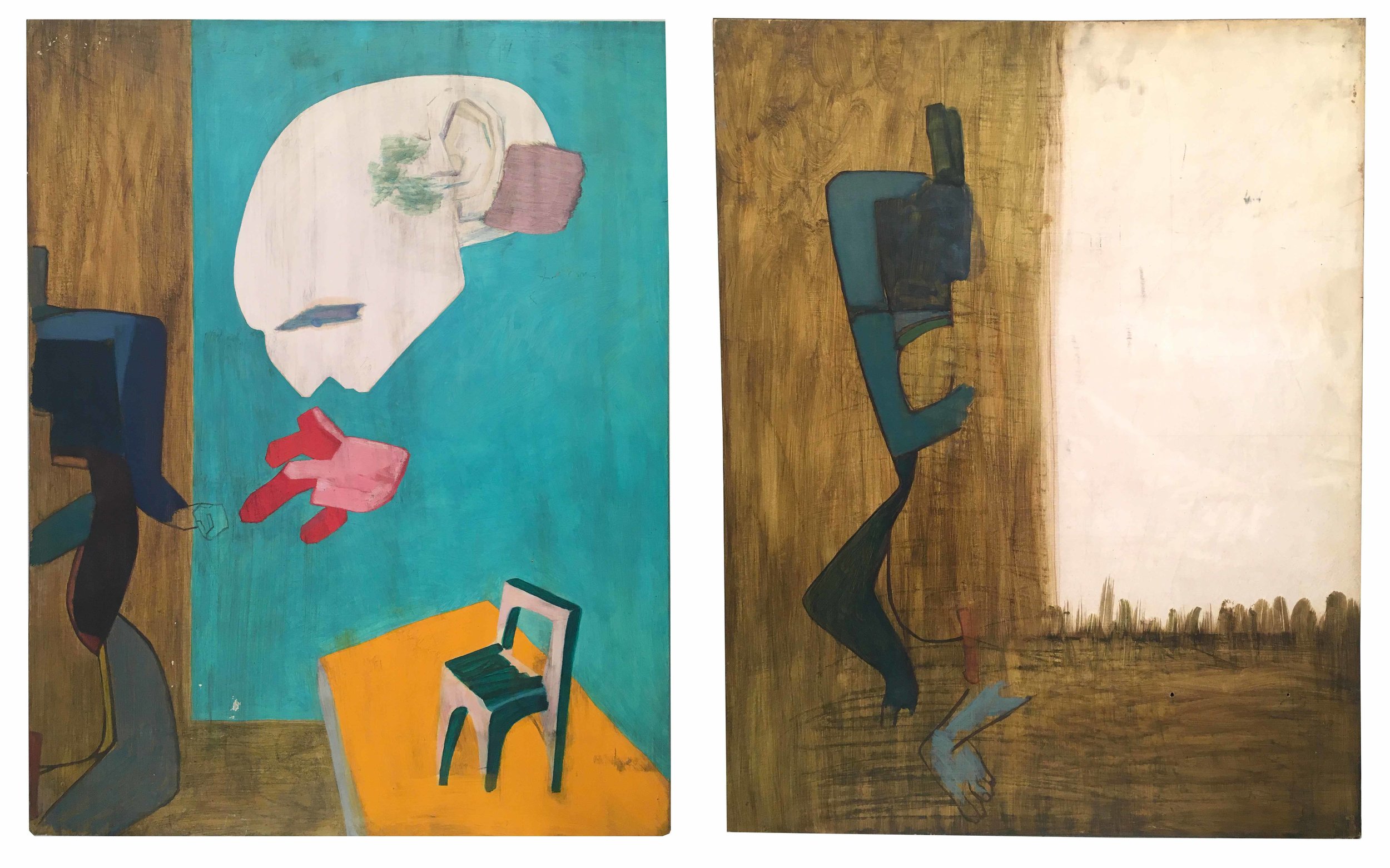   Frederick Kiesler  (1890-1965)  Portrait Galaxy of Charcot , 1949 Tempera and oil on paper mounted on wood Two panels mounted together in one frame: Panel A: 28 9/16 x 22 7/16 inches (72.5 x 57 cm) Panel B: 28 1/2 x 22 7/16 inches (72.4 x 57 cm) Co