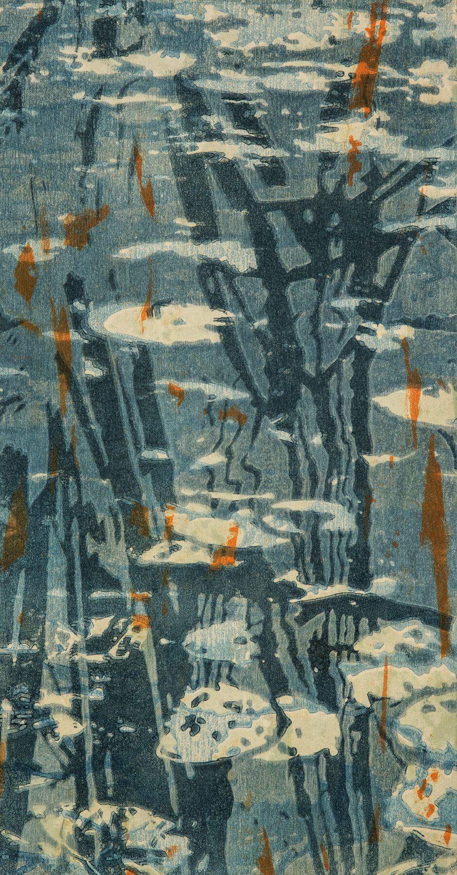  Catherine Kernan  At the Whim of the Currents #1,  2019    Woodcut monoprint   Image: 19 x 10 inches   Paper: 26 x 16 inches  