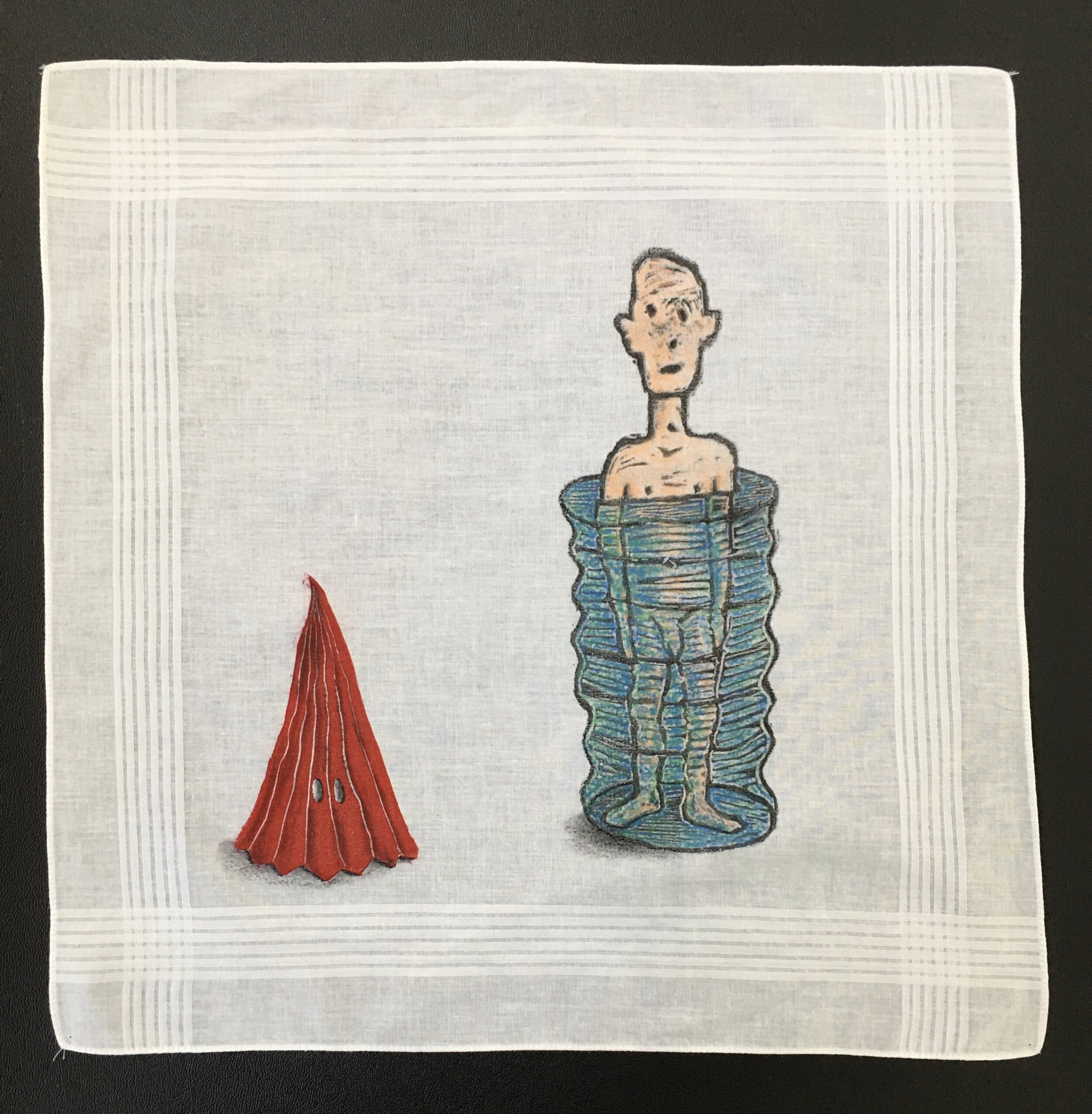  Dane Goodman  waiting out the year,  2020 Hand printed double-block ink print on cotton handkerchief, with hand coloring: crayon and litho crayon 15 x 15 inches 