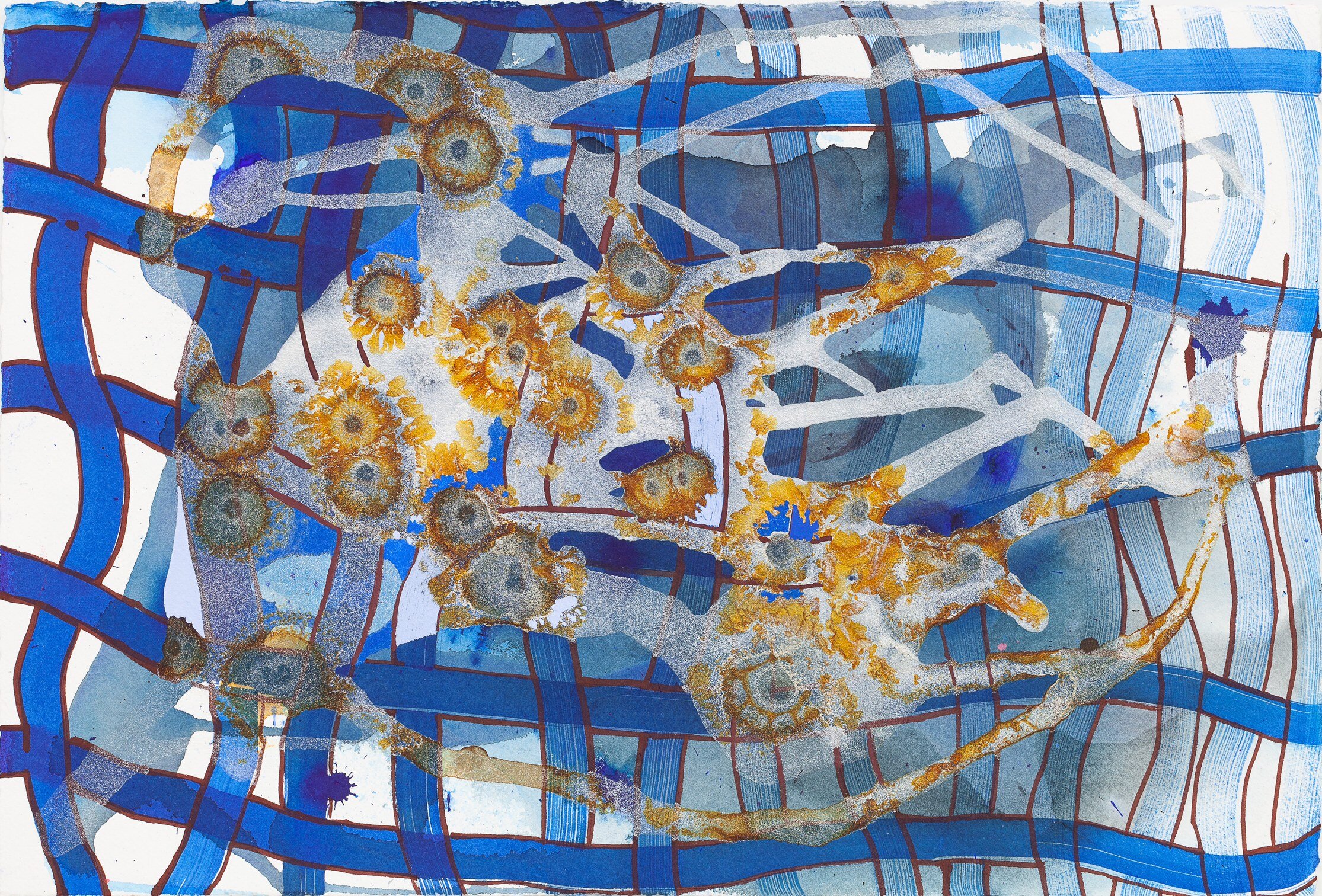  Elisabeth Condon  Blue Lattice,  2020    Ink and mediums on 300 lb. watercolor paper  15 x 22 1/4 inches  