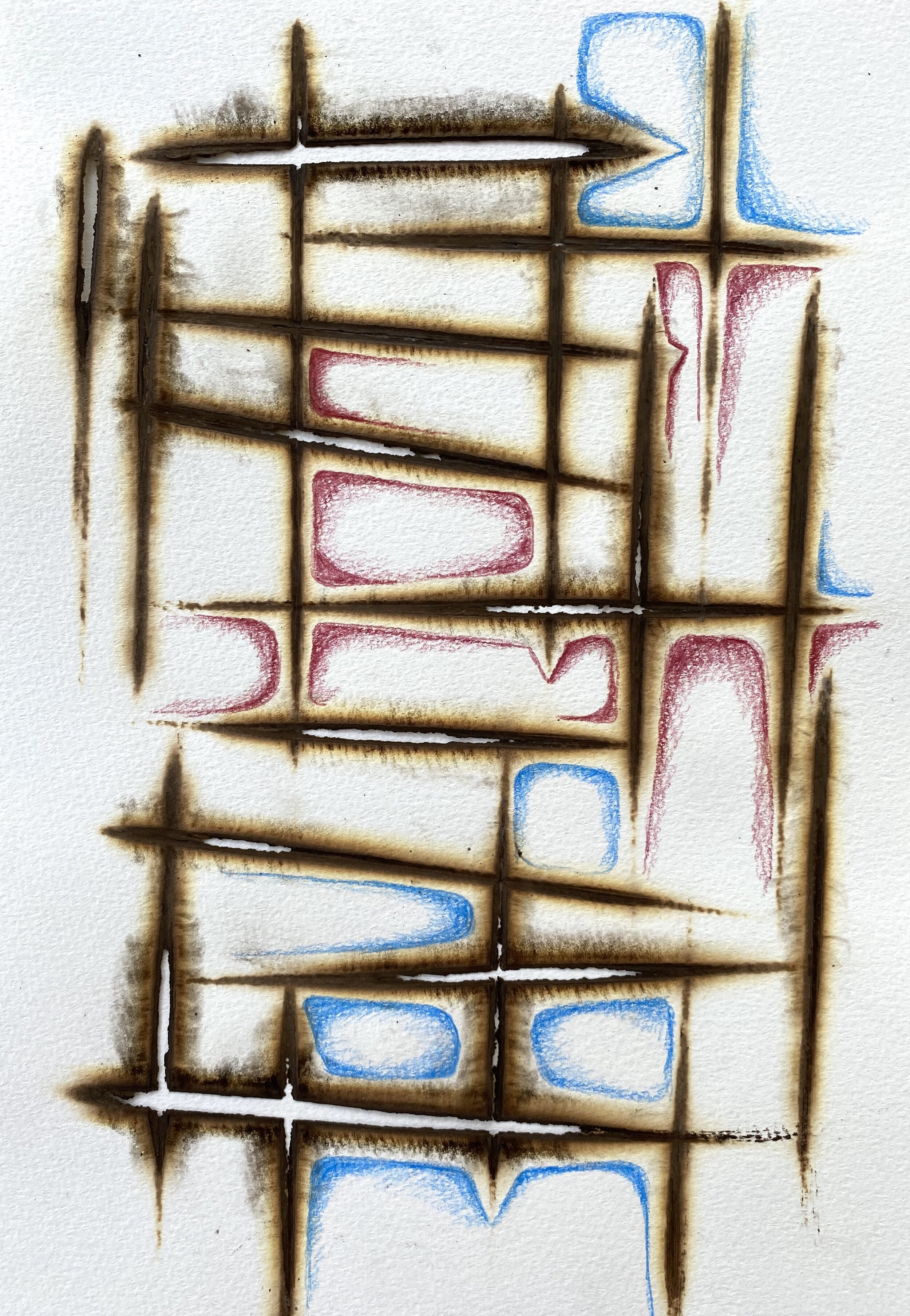  Kathleen Kucka,  Shelter Drawing #15 , 2020 Burns and colored pencil on paper 9 x 6 1/2 inches 