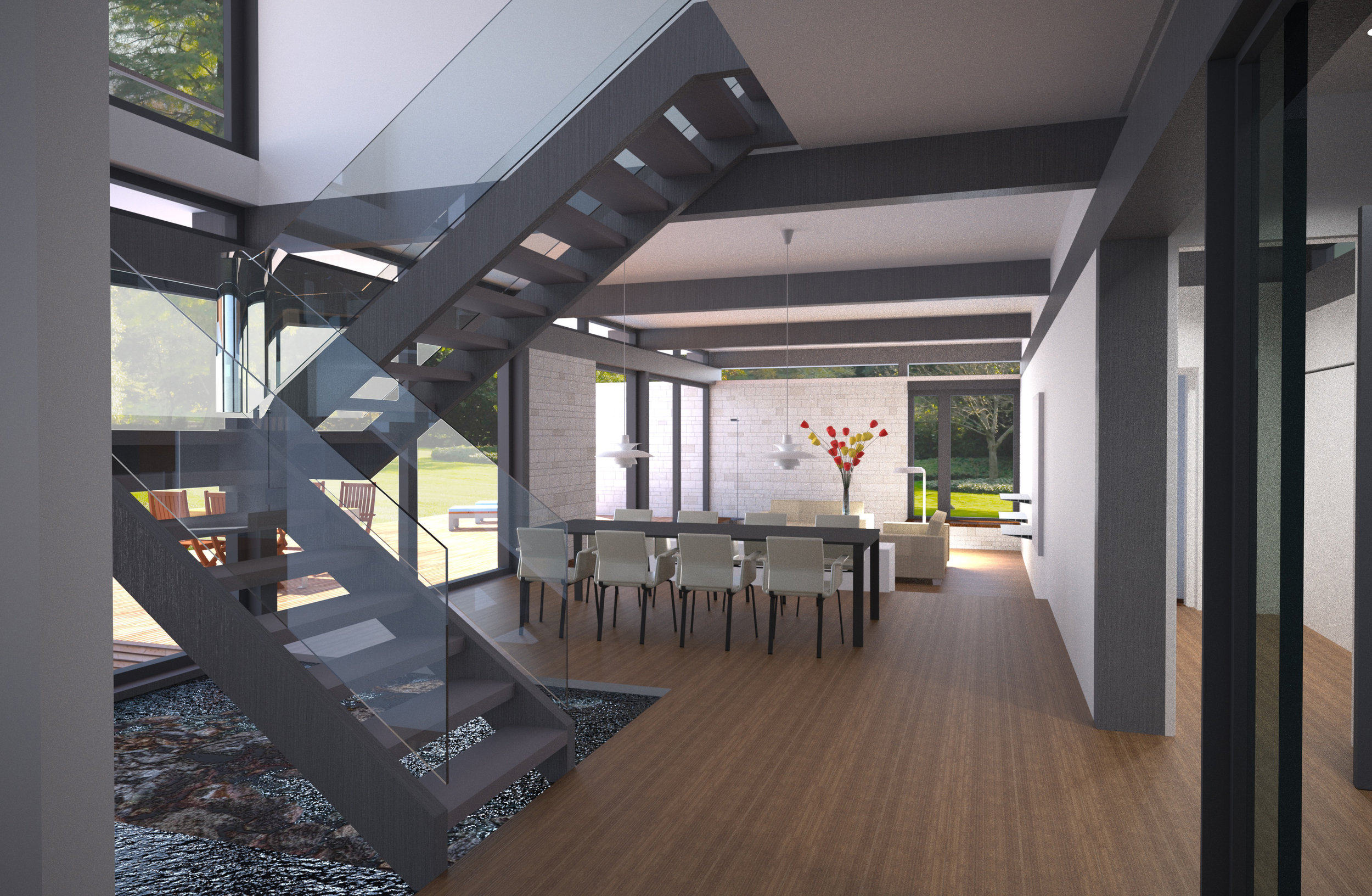 Double height space with glass and metal stairway