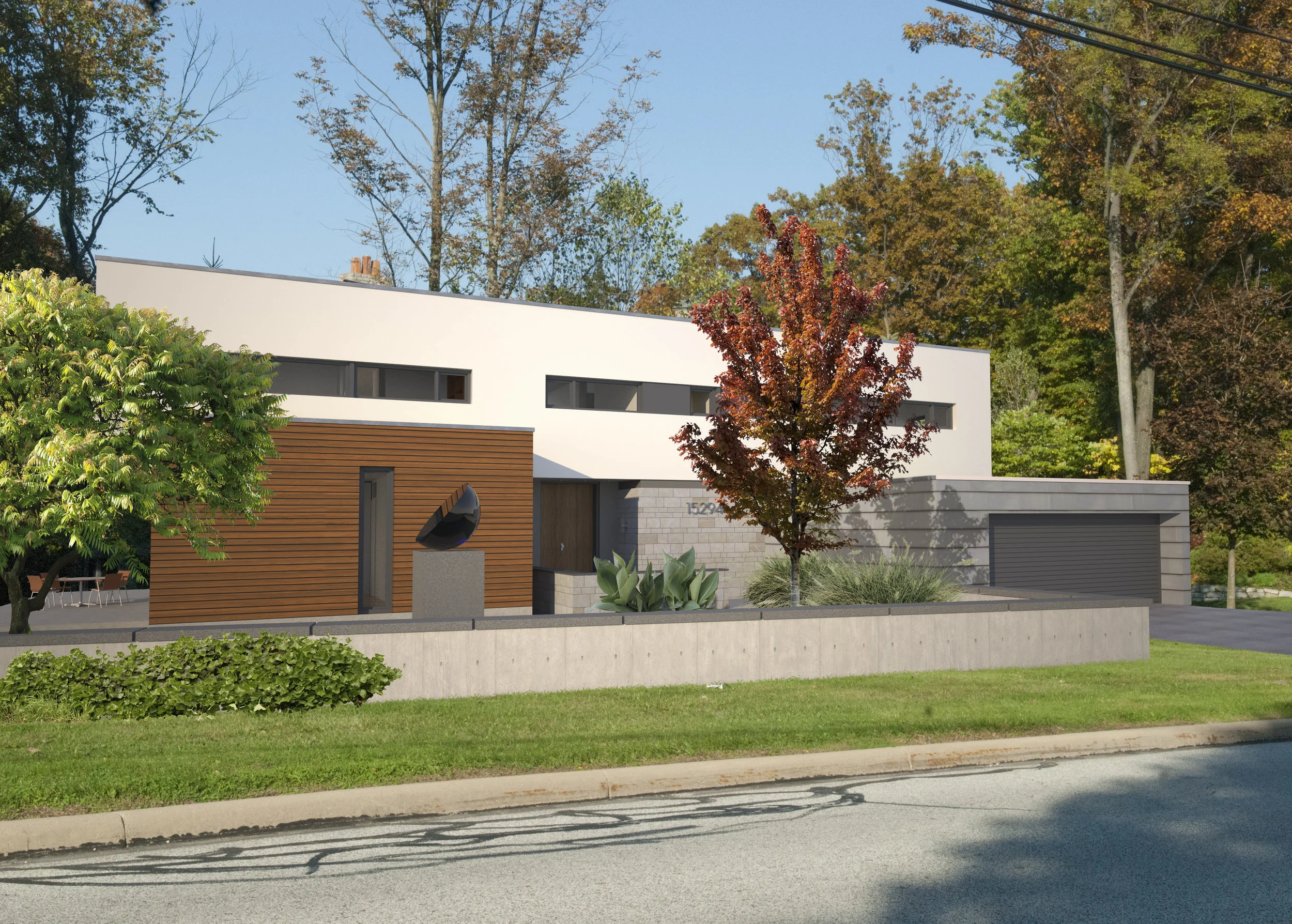Front of house from street, with trees.