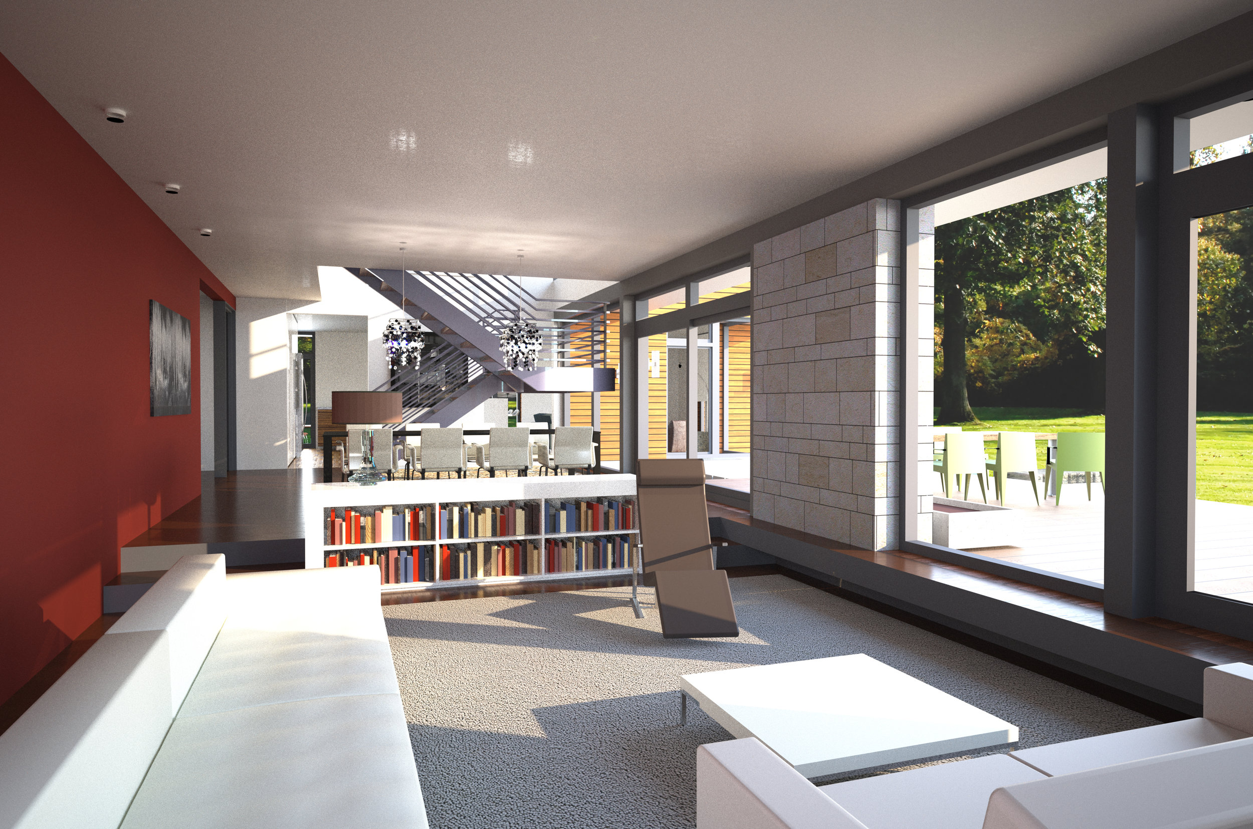 Living room with large windows and views into the woods