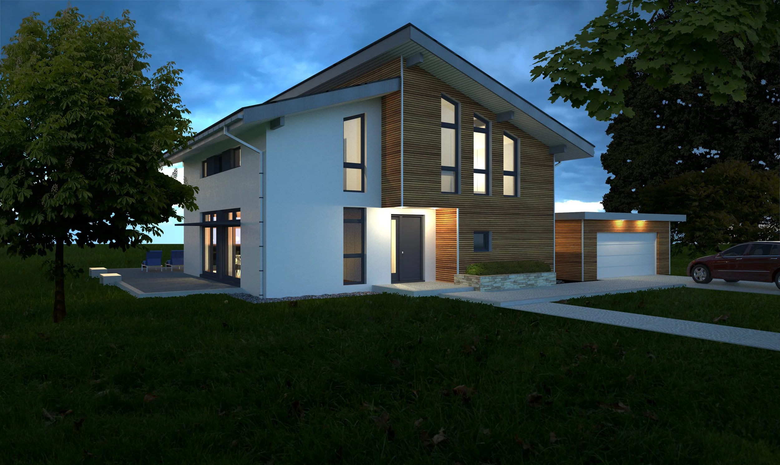 Street-side view of modern chalet-style home.