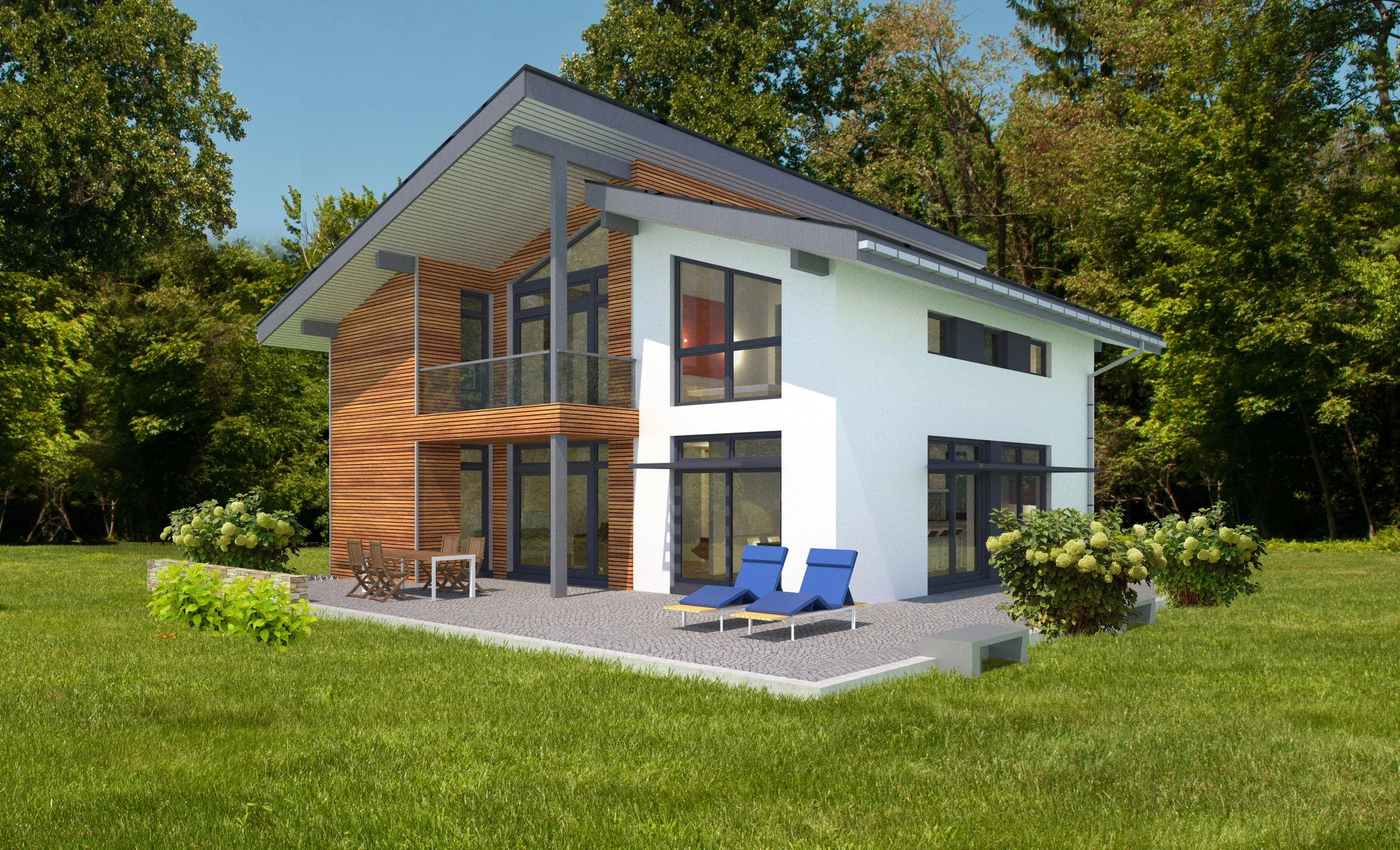 Exterior view of modern chalet-style home. Wood siding and stucco.