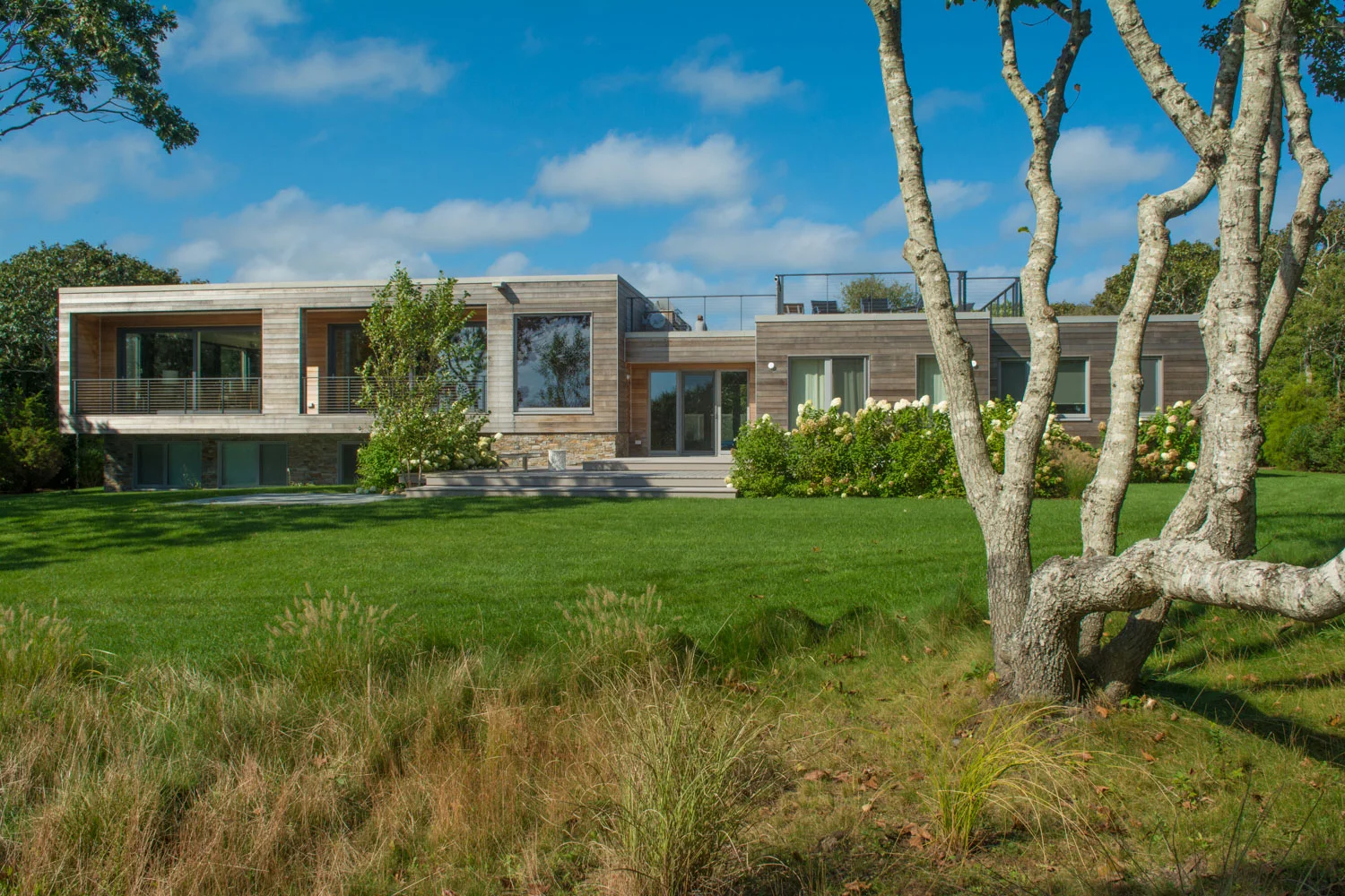 Beach house exterior with mature tree.