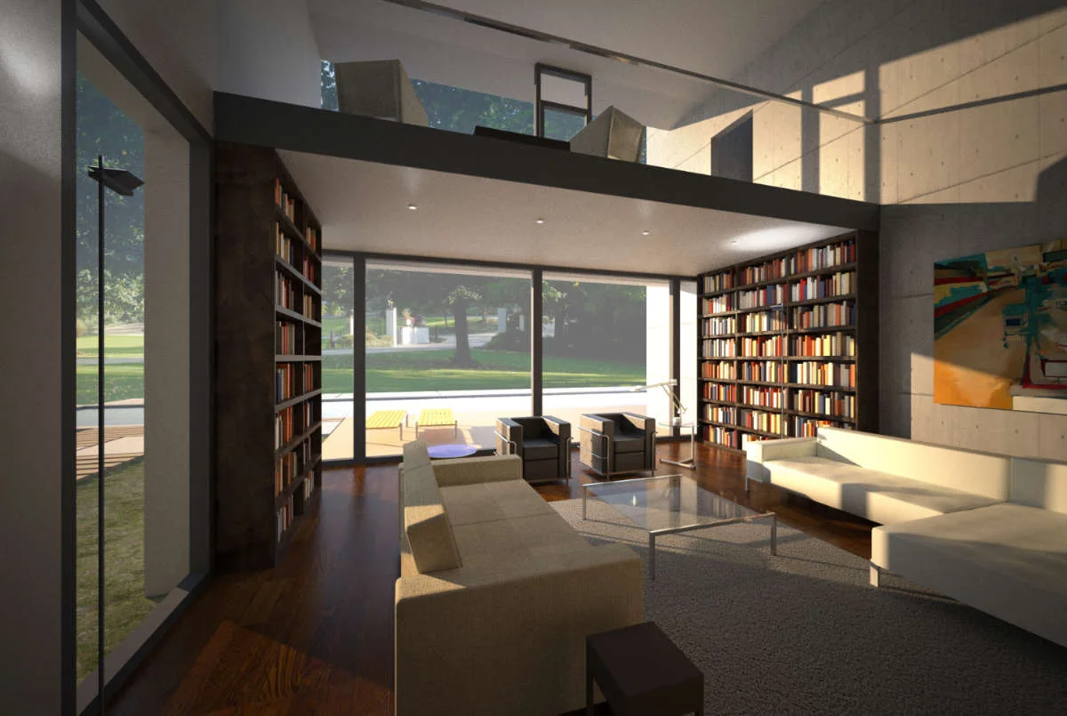 Double height living space with gallery and bookcases