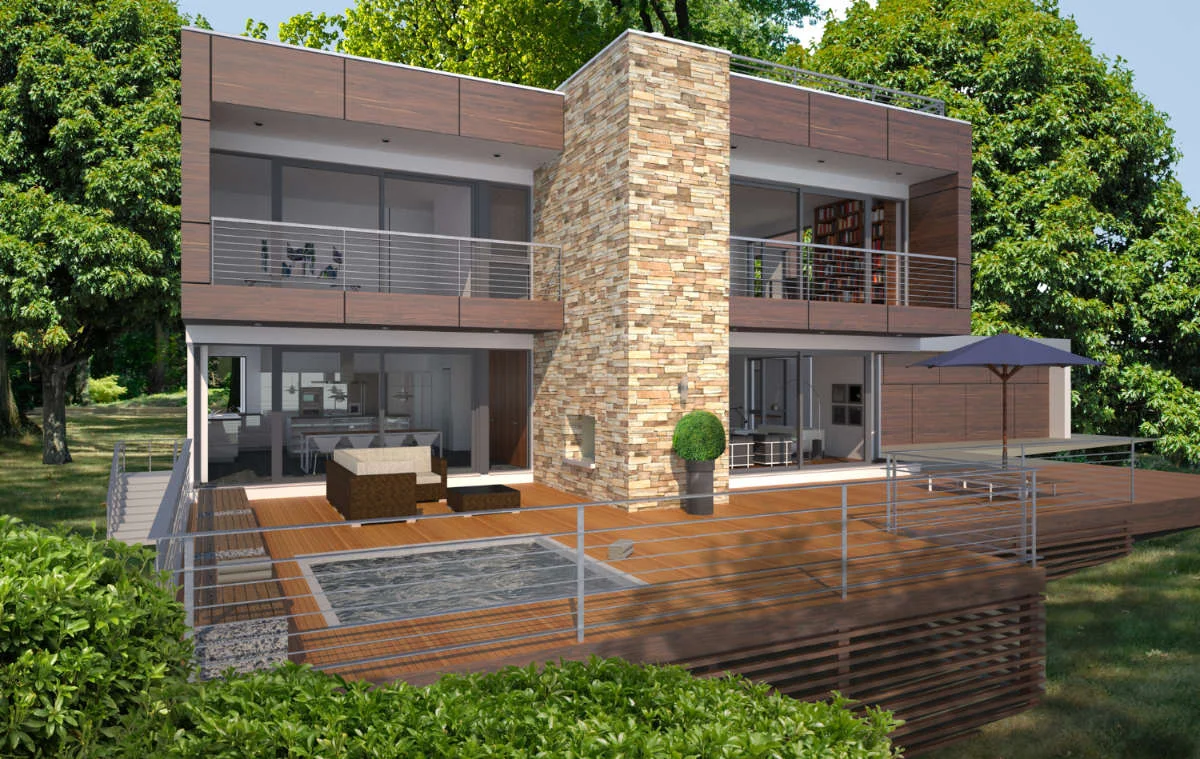 Back of house with balconies and deck.