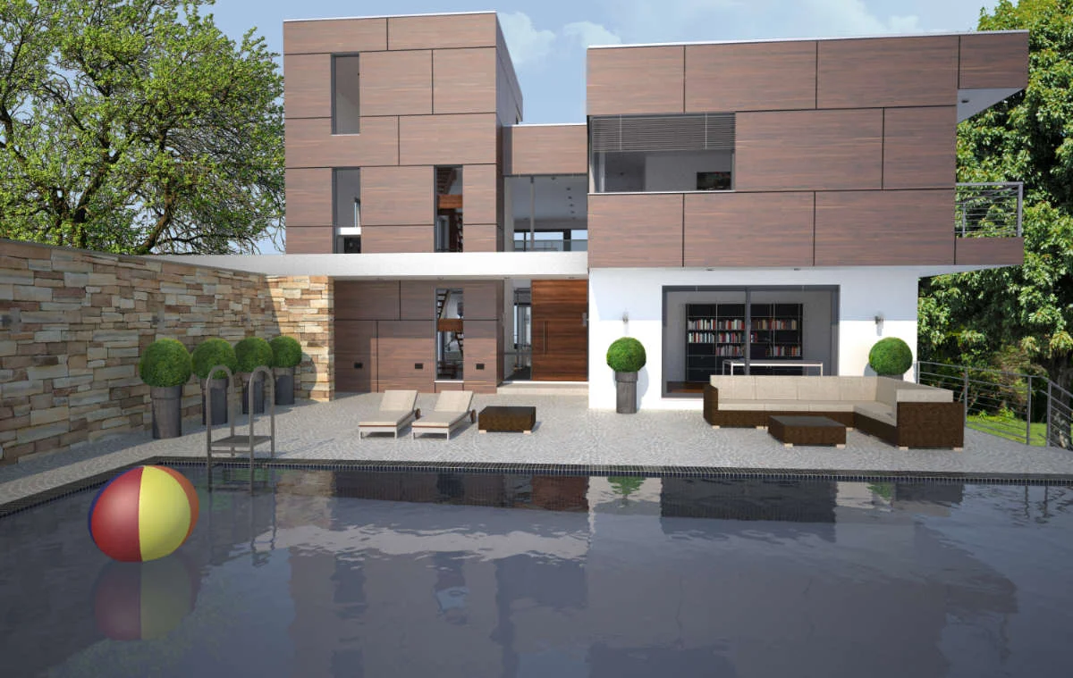 Exterior of home with pool.