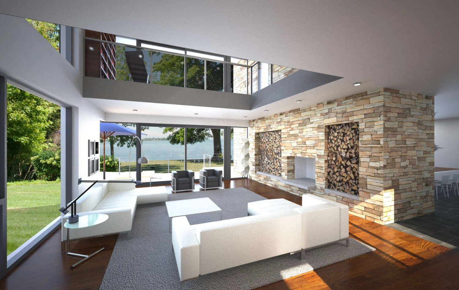 Double Height living area with stone fireplace.