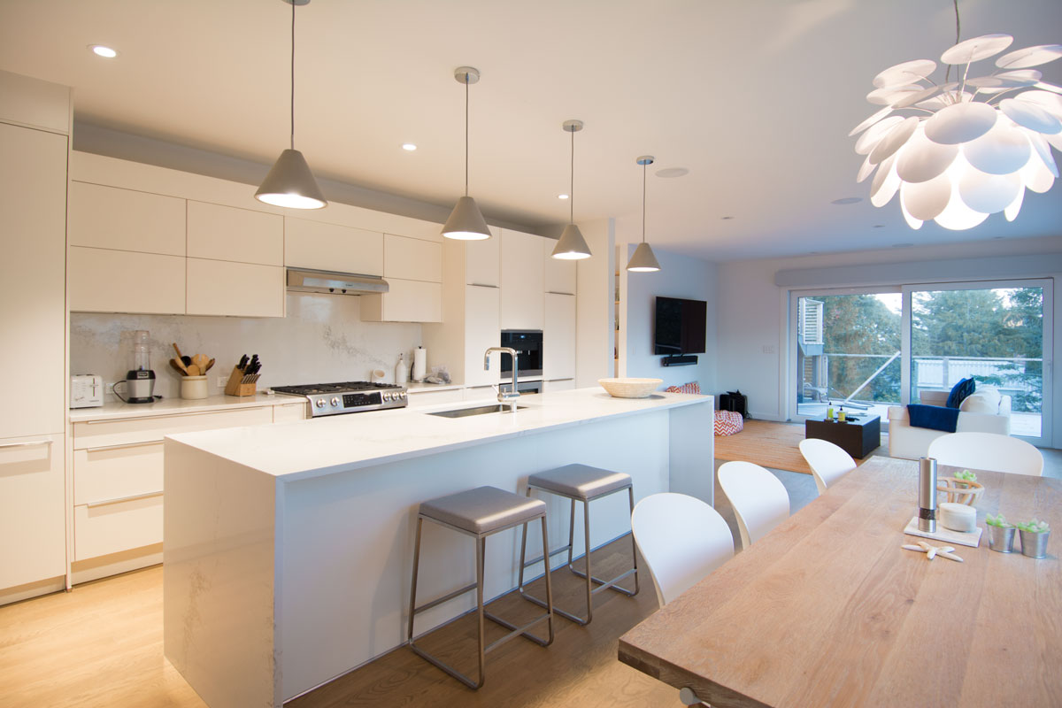 Modern kitchen with waterfall island