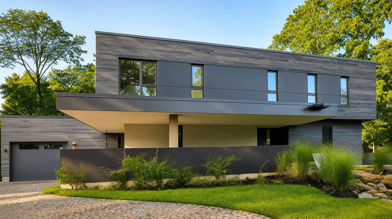 Modern two-story house with dark gray exterior, large windows, and a flat roof, surrounded by greenery and trees.