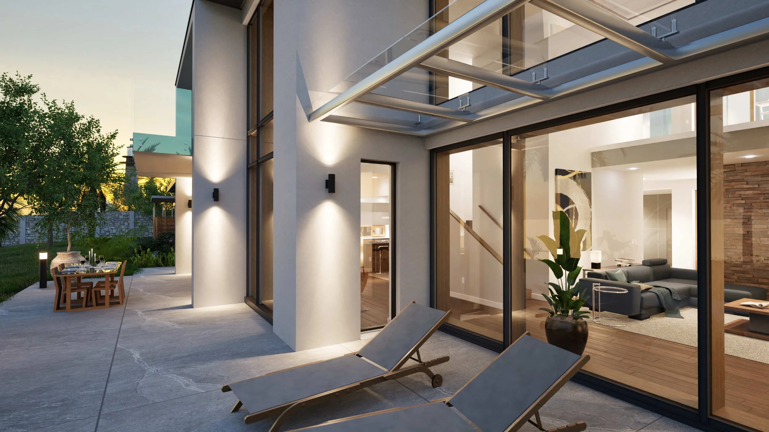 The rear elevation shows the two-story curtain wall