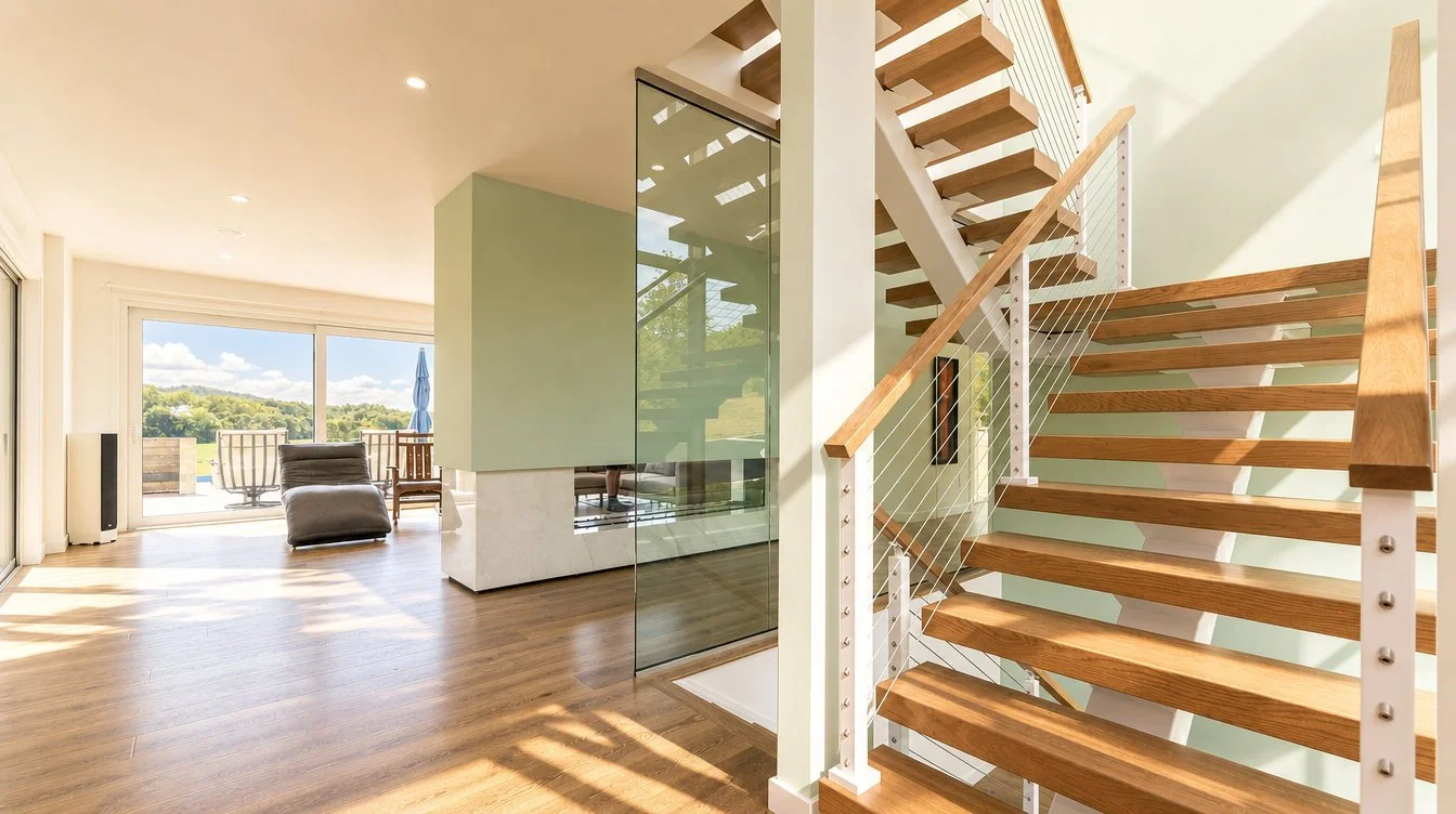Interior of a modern house showing a wooden staircase with metal railing, living area with large sliding glass doors opening to a balcony with outdoor furniture and scenic view.