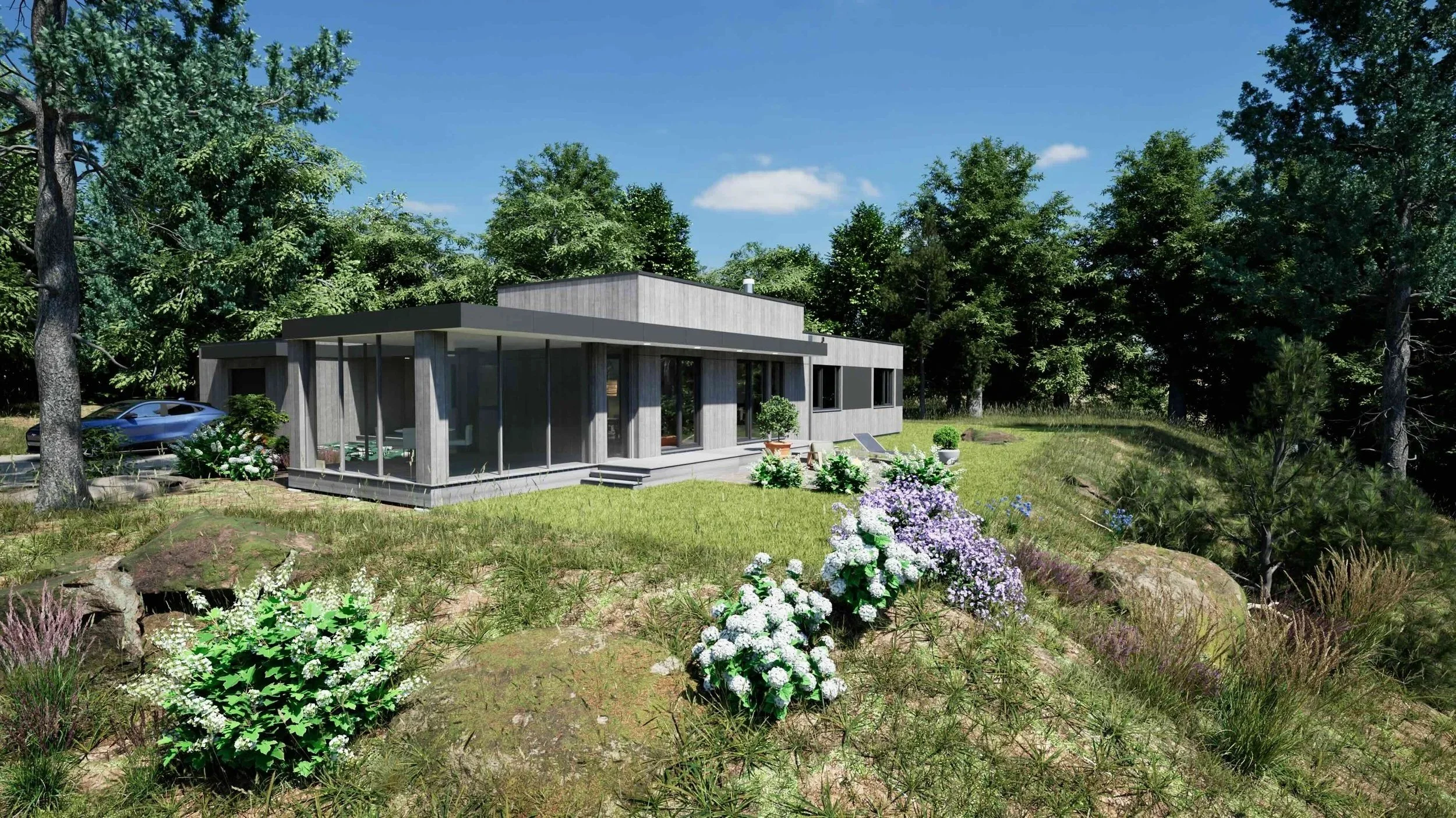 Modern house with large glass windows, surrounded by greenery and colorful flowers in a landscaped yard.