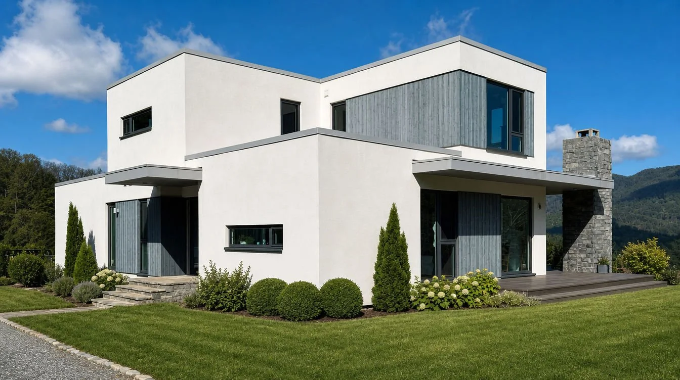 Modern white house with gray accents, large windows, landscaped lawn, and a stone chimney on a sunny day.