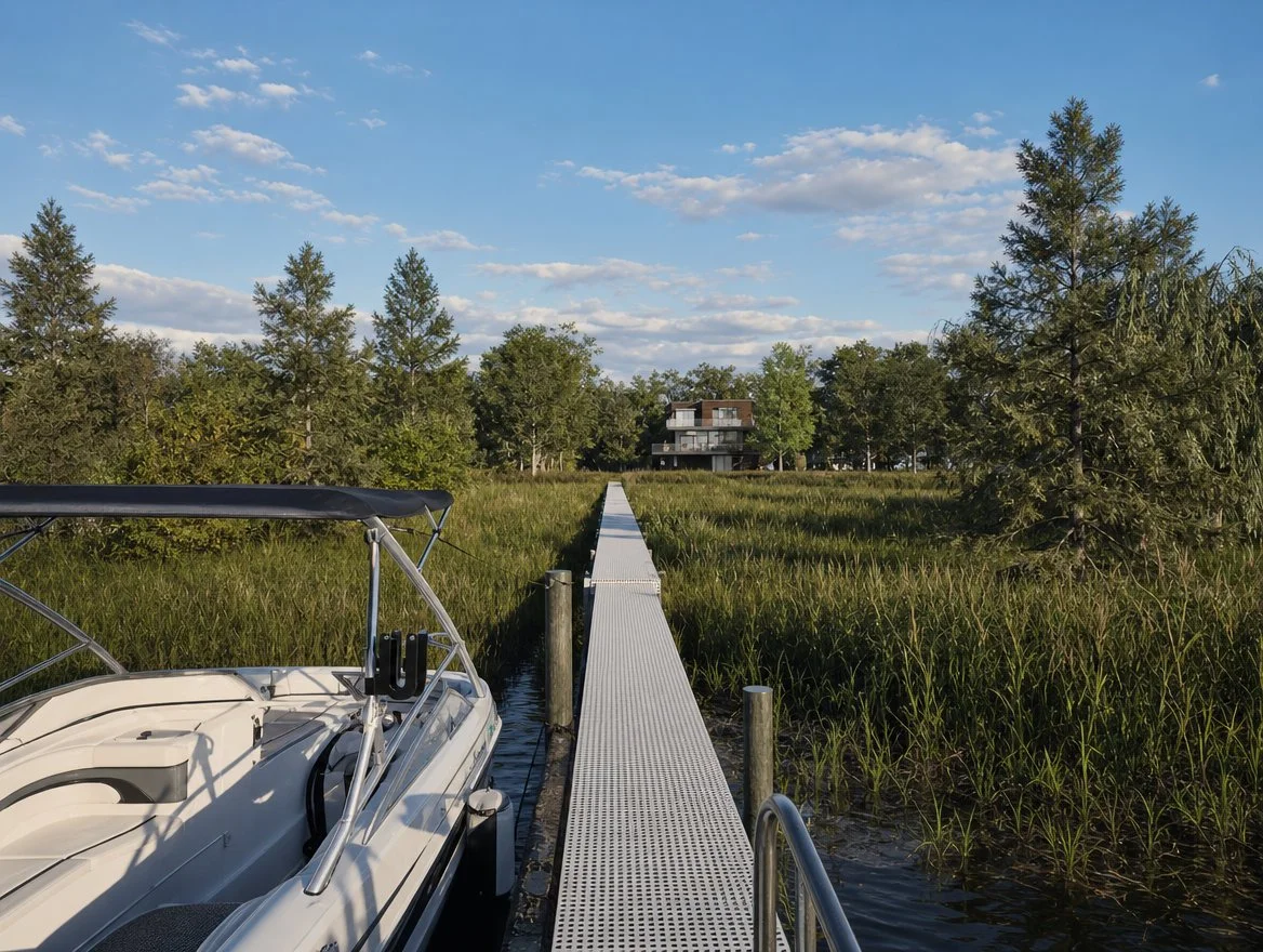 A boat docked at a marina with a narrow walkway leading to a house in the distance, surrounded by trees and grass under a blue sky.