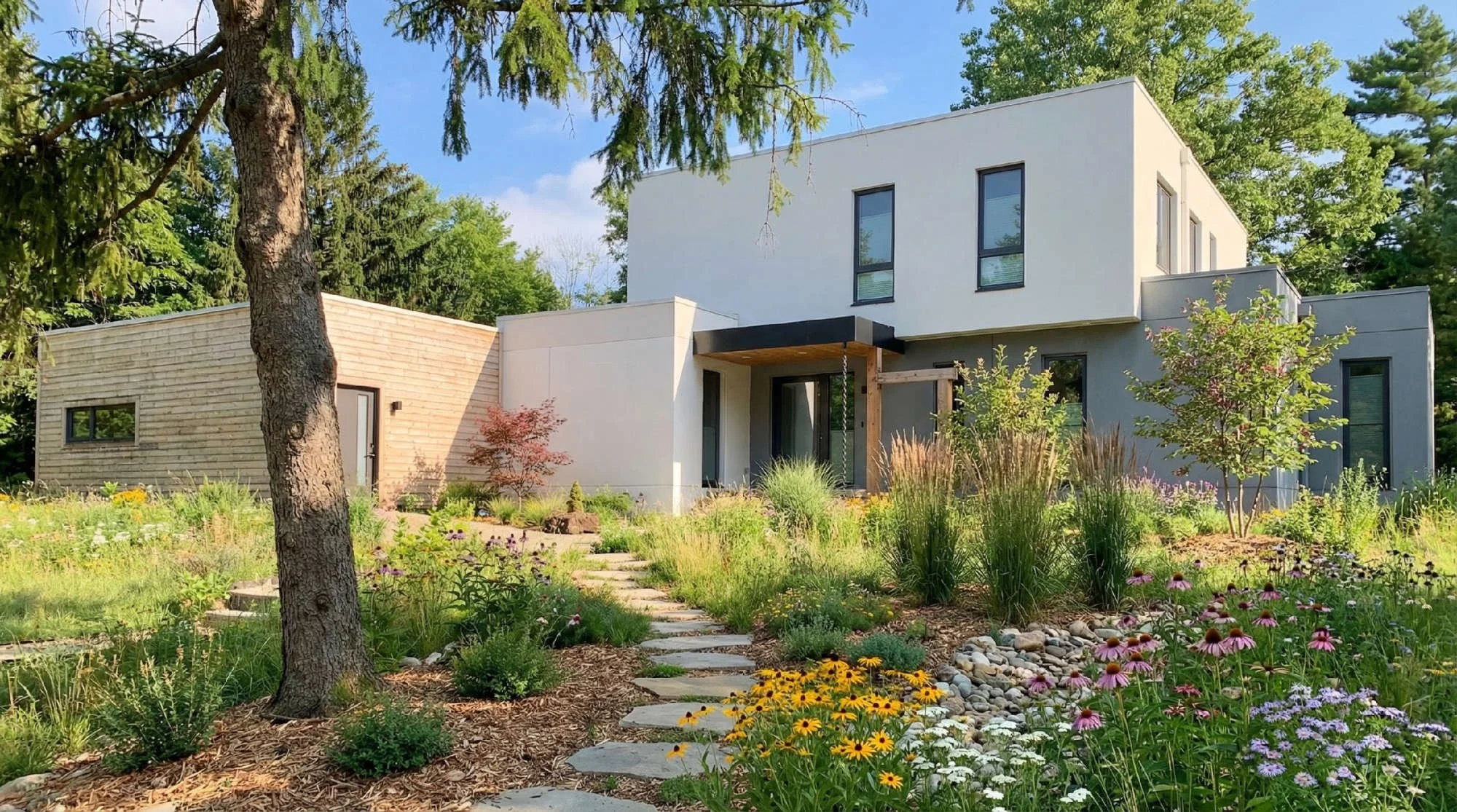 Modern house with a garden and pathway surrounded by trees and colorful flowers on a sunny day.