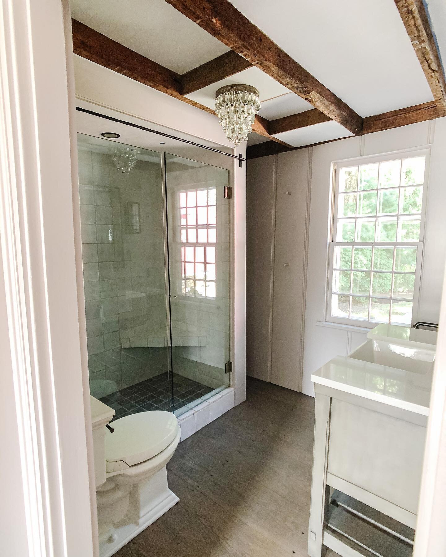 Master Bathroom Glow Up ✨ Our favorite accomplishments in this space is the custom hardware Matt hand forged for the curtain rod and the large paneling we matched to the original which was needed in order to cover the extremely large hole that was le