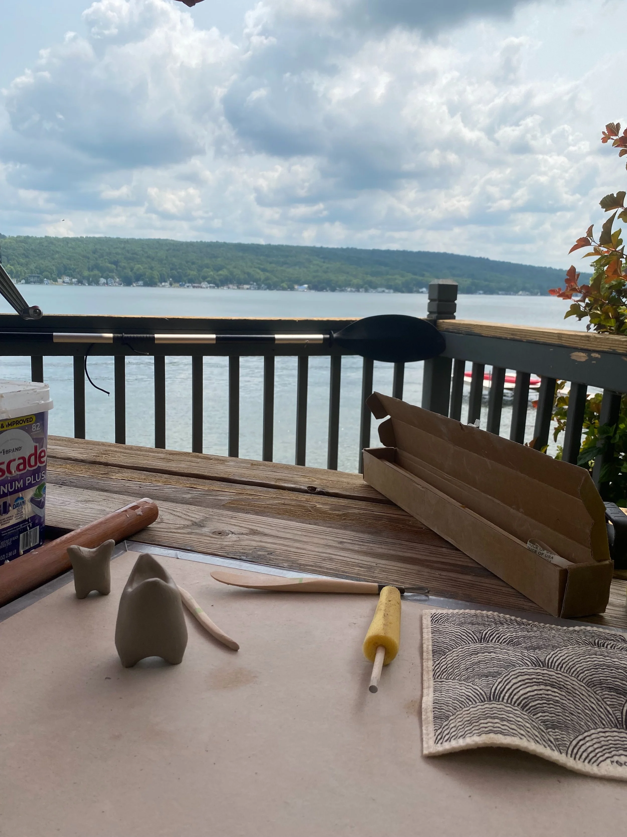Pottery beside Lake Conesus, NY! Yesterday I made a little corgi. Today is for gremlins. Just having some fun. 🤩