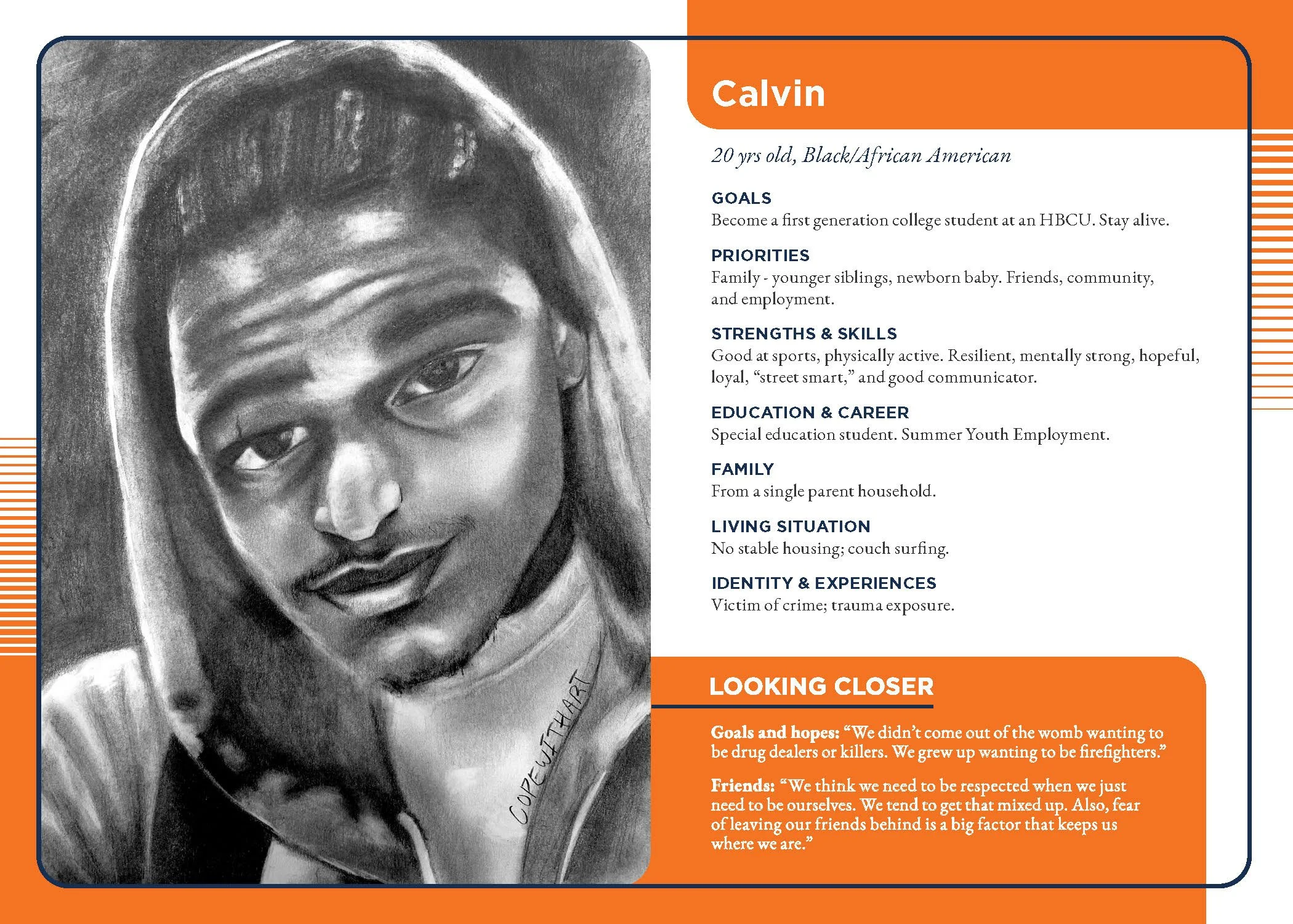Persona card for Calvin, who aspires to become a first generation college student at an HBCU.