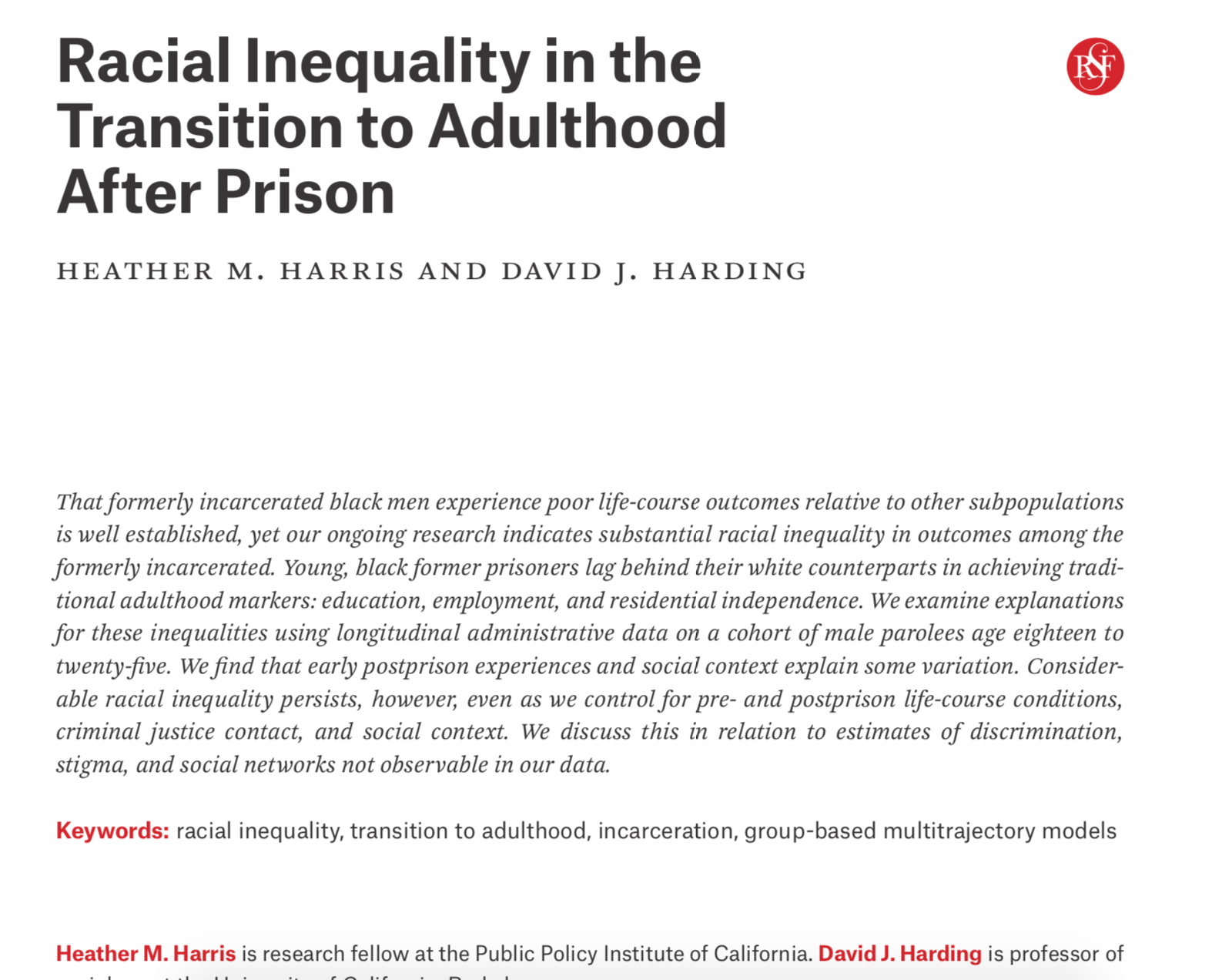 Racial Inequality in the Transition to Adulthood After Prison