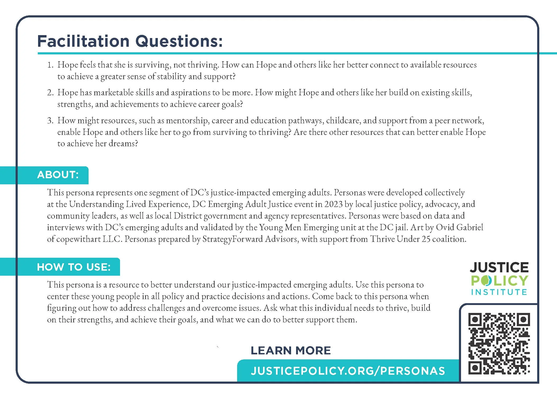 Facilitations and instructions for using the persona card to center Hope and other justice-impacted emerging adults in policy and practice decisions and actions.