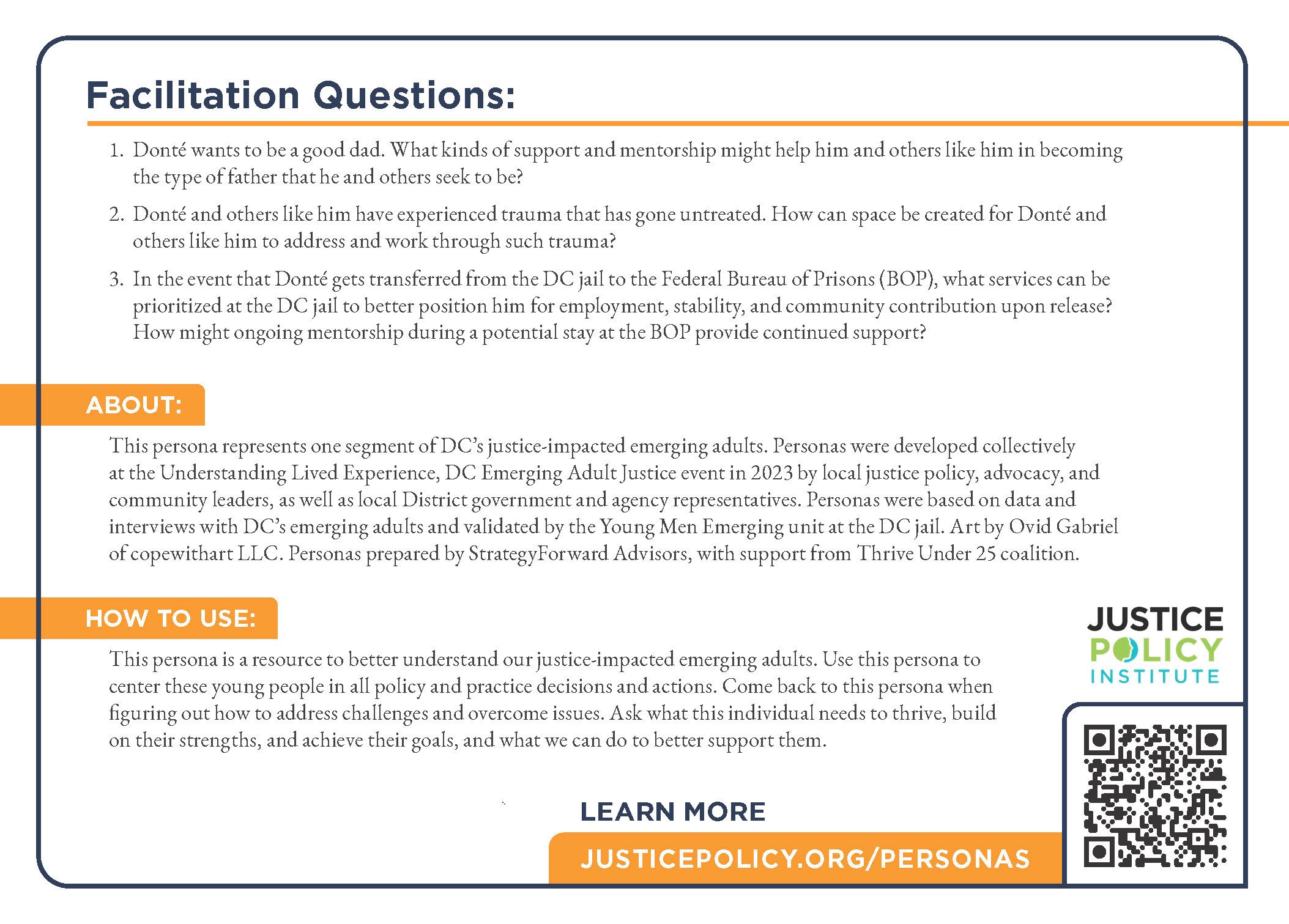 Facilitations and instructions for using the persona card to center Donté and other justice-impacted emerging adults in policy and practice decisions and actions.