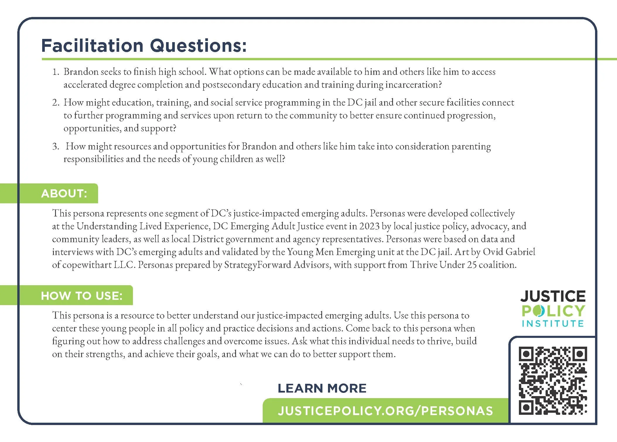 Facilitations and instructions for using the persona card to center Brandon and other justice-impacted emerging adults in policy and practice decisions and actions.