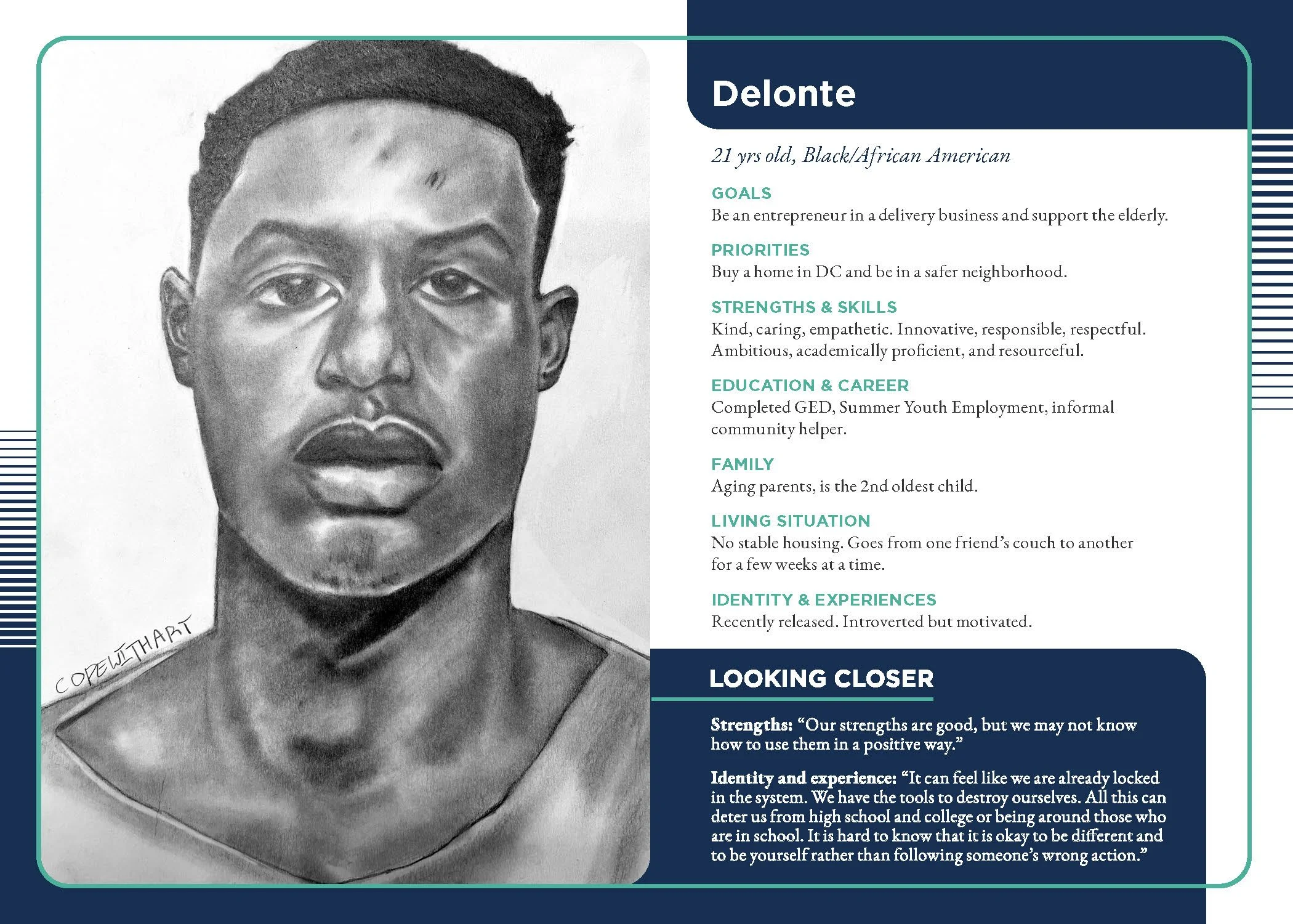Persona card for Delonte, who aspires to be an entrepreneur in a delivery business and support the elderly.
