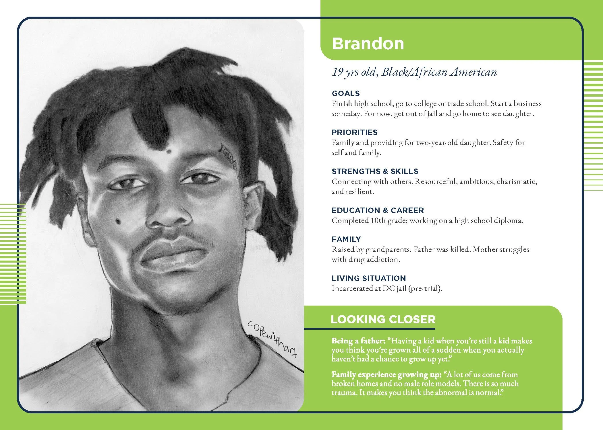 Persona card for Brandon, who aspires to finish high school, go to college or trade school, and someday start a business.