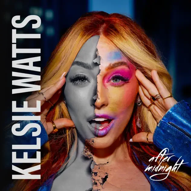 Kelsie Watts After Midnight album cover featuring a split black-and-white and colorful portrait of the singer with red and blonde hair. 