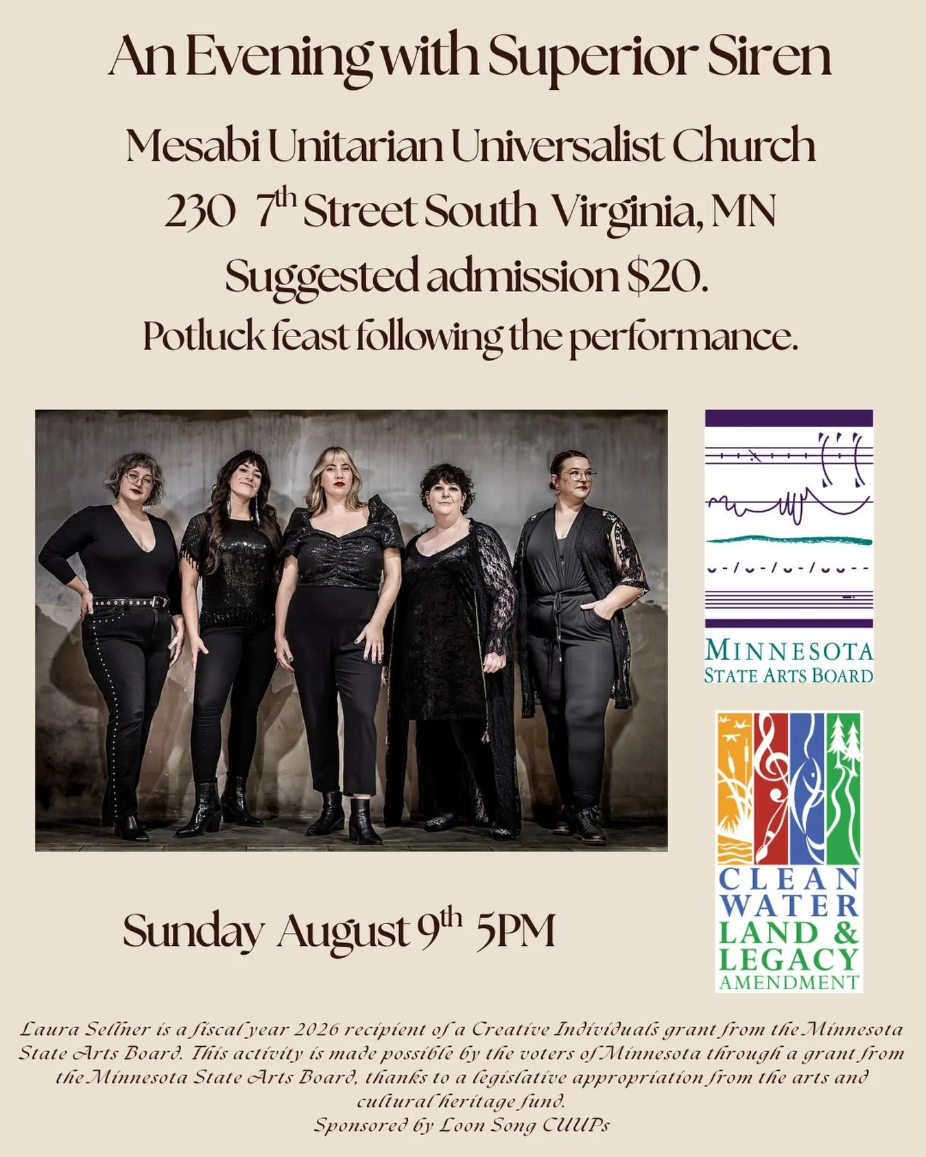 Enjoy an Evening with Superior Siren 🖤

Tonight at 2104 E Superior St. in Duluth, MN at 7pm

Tomorrow at Mesabi Universalist Unitarian Church in Virginia, MN at 5pm