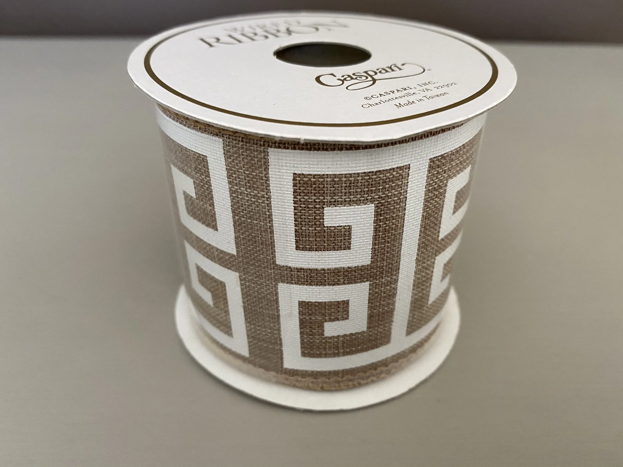 Caspari Natural & White Greek Key Wired Ribbon - 6 Yard Spool