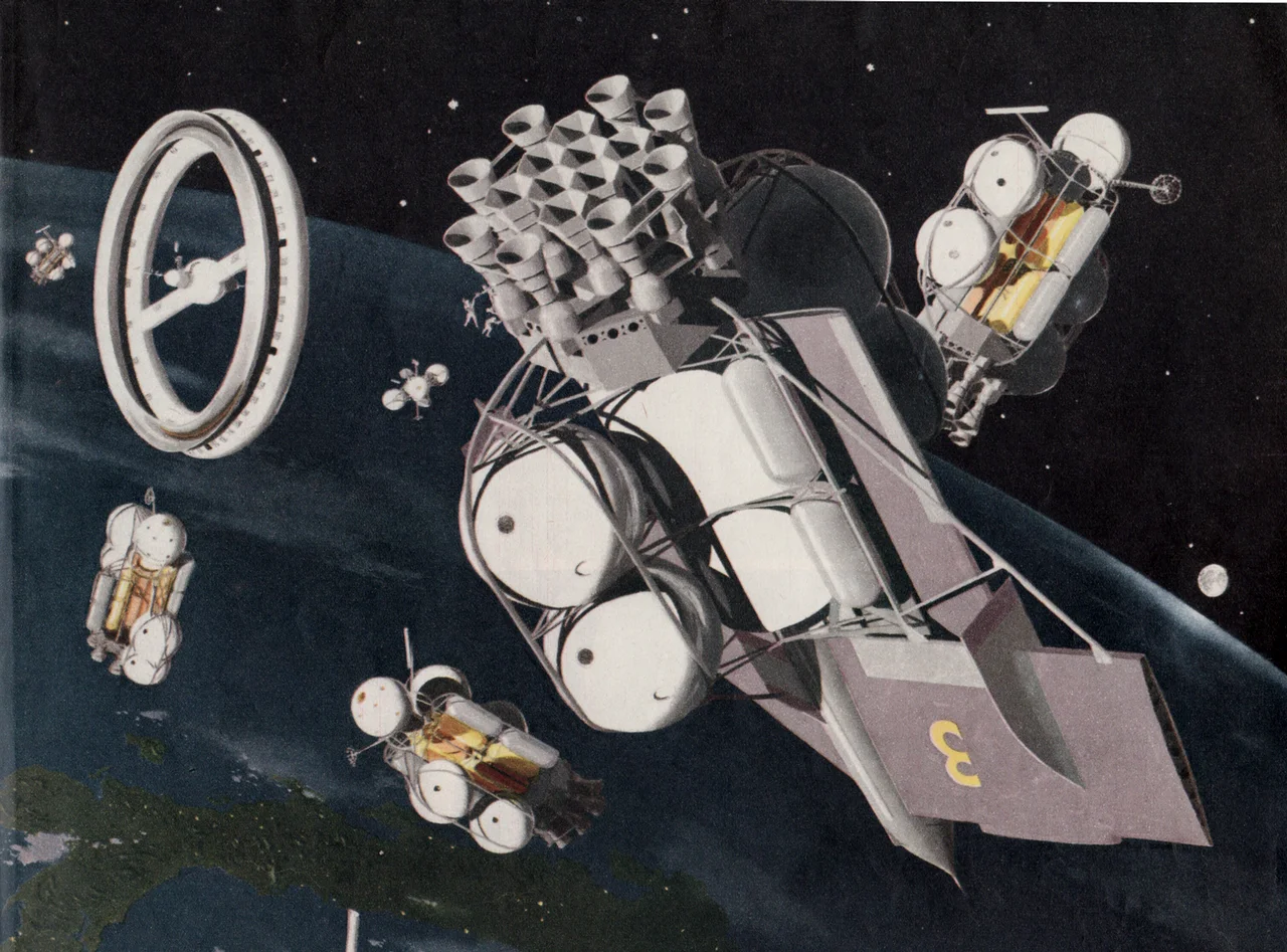 Spacecraft being assembled near the wheel-shaped space station, as envisioned by Wernher von Braun