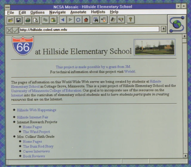 Hillside Elementary School's home page displayed in Mosaic for Windows (1995)