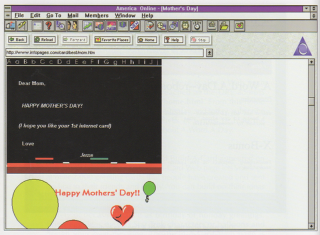 Build-A-Card site displayed on America Online's browser for Windows (1995)