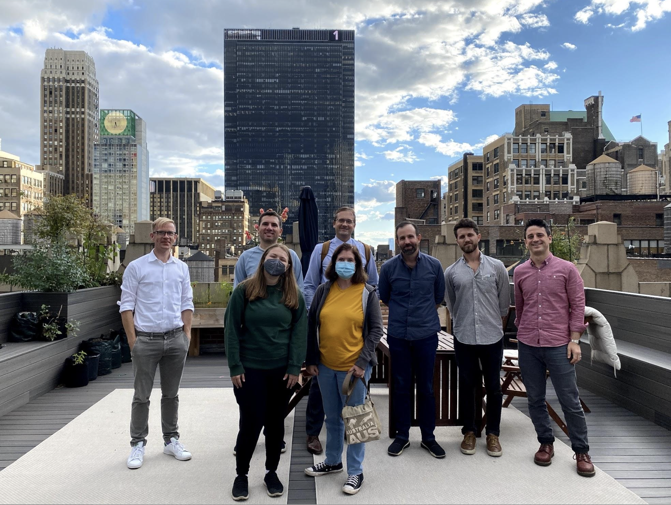 Checking out the roof garden: Alex Denholtz and Sue Dorward in front, with Eric, Jason Hochman, Jamie Rogers, Jeff Fedderson, Evan Landau, and Sean behind.